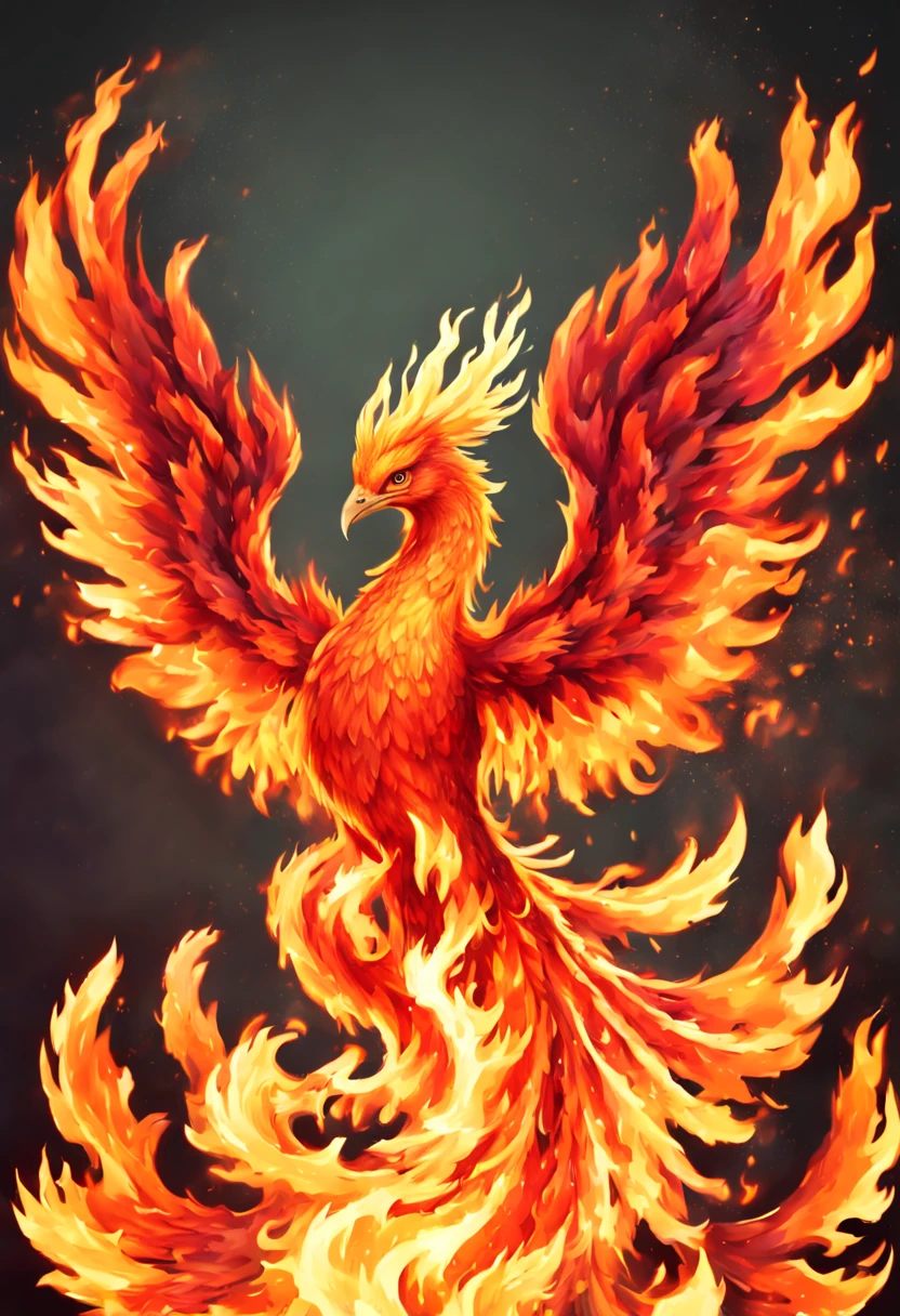 ((Fire phoenix)), fire that looks like a big phoenix with spread wings, flaming feathers, high quality illustration, phoenix among magical trees