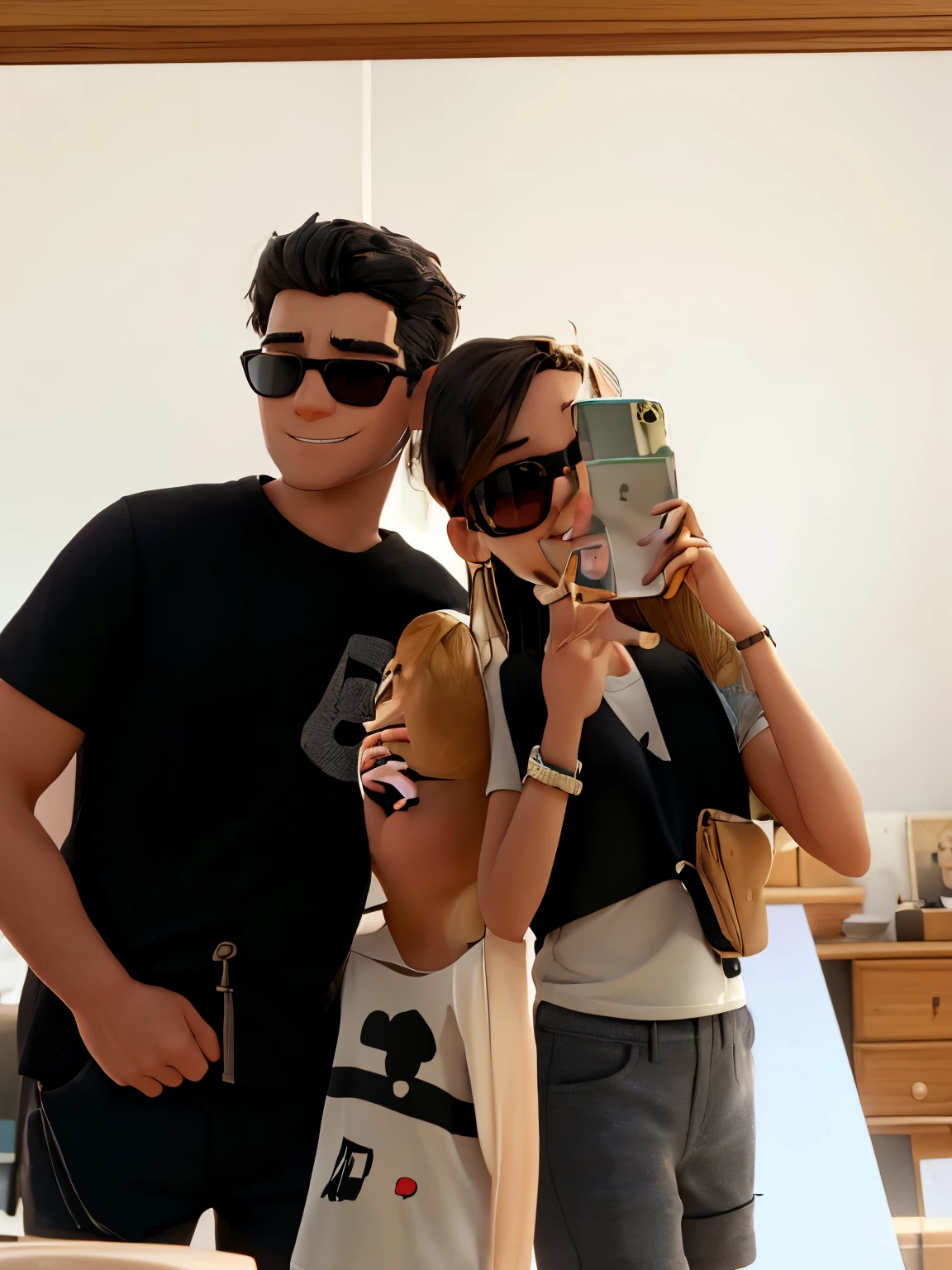 a man and a girl take a picture in the mirror with a mobile phone. both wear black sunglasses. the man is slightly taller and wears a black short-sleeved T-shirt. the girl wears a black top that ties at the neck and a pair of shorts. the man looks in the mirror and laughs