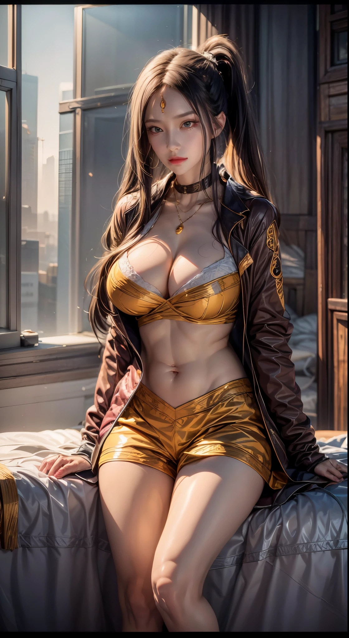 realistic, 1 women, best quality, 12k, HD, long hair, big round breasts, cleavage, ponytail, necklace, jewelry, shorts, short jacket, slim hips, hair tie, yellow eyes, black hair, super detailed, Eye details, hair details, person details, mouth details, face details, breast details, clothes details, hair details, pants details, hand details, whole body