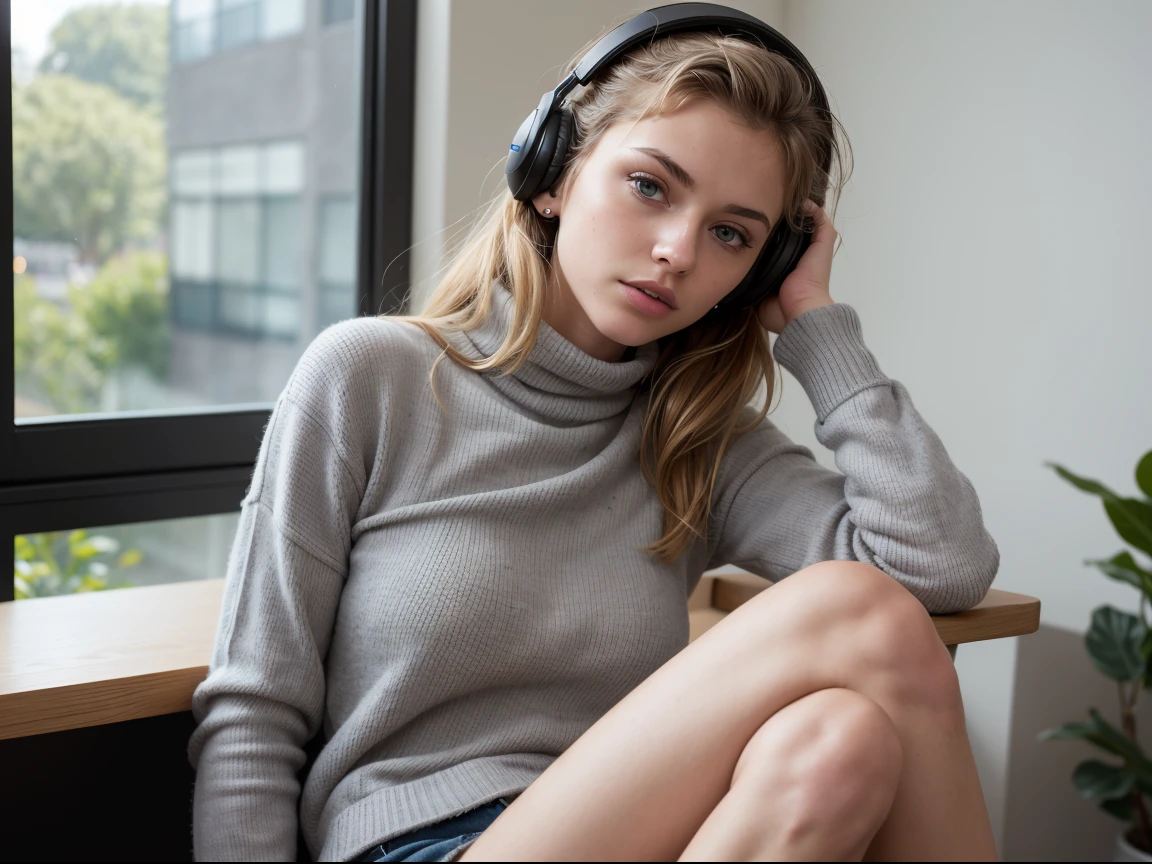 (masterpiece), (one girl 22 year old) (((Caucasian))) french girl with shoulder length messy hair, she is ite. She is wearing a ((tight polo neck)) and shorts, Direct gaze. ((Intense grey eyes with catchlights)), Backlit eyes. Digital photography, she is sitting on a vitra eames chair ((wearing headphones)) in rapture, taken with, Canon 85mm lens, extreme quality, heavily retouched, heavy makeup, very high quality