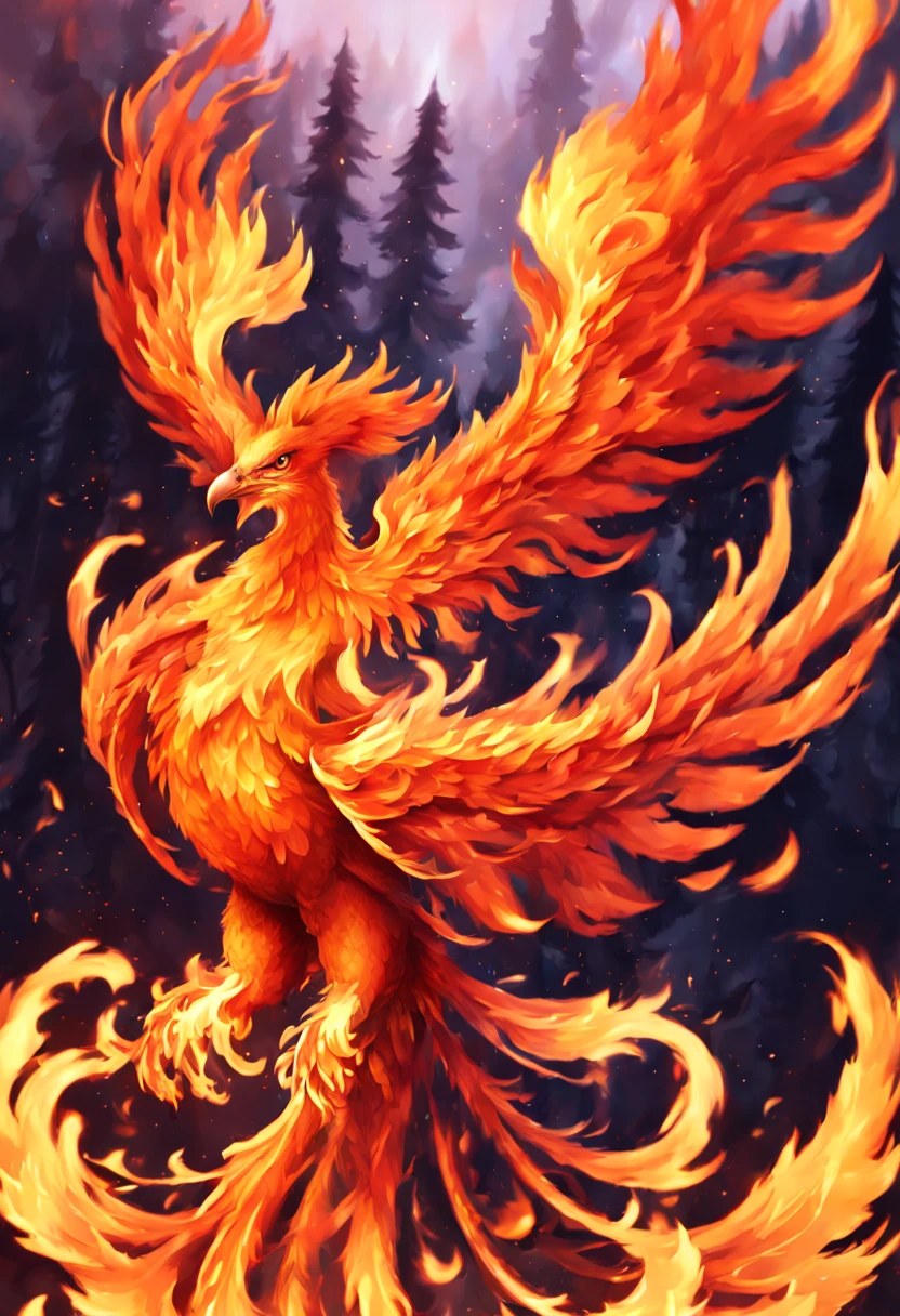 ((Fire phoenix)), fire that looks like a big phoenix with spread wings, flaming feathers, high quality illustration, phoenix among (magical trees)