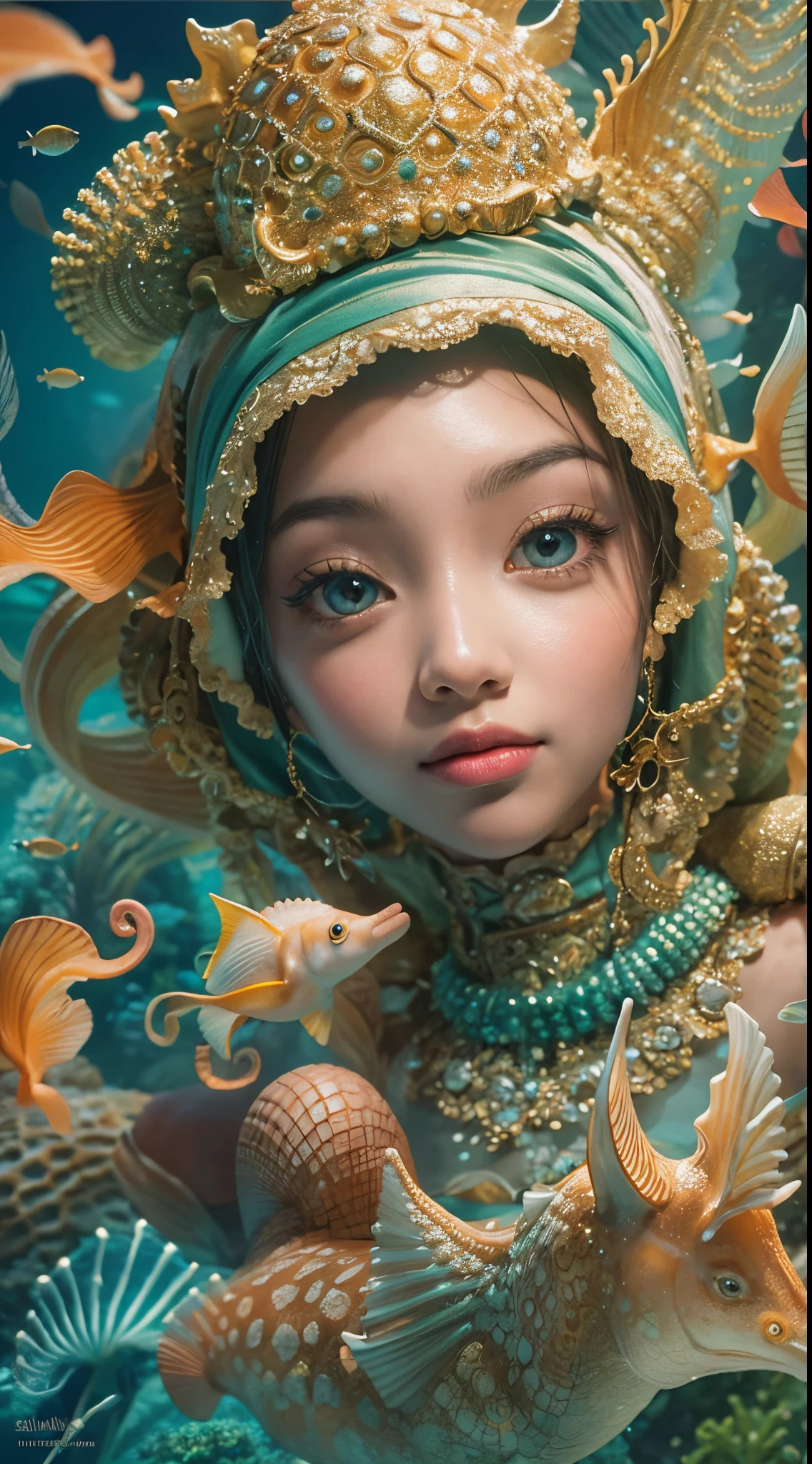 Craft a surreal underwater scene with a Malay girl in hijab riding a majestic seahorse through a magical coral reef. Illuminate the underwater world with a soft, ethereal glow, and incorporate mythical sea creatures around them. Create a sense of wonder and fantasy, emphasizing the harmony between the girl, the seahorse, and the enchanting marine environment. Use vibrant colors, dreamlike lighting, and intricate details to bring this underwater fantasy to life