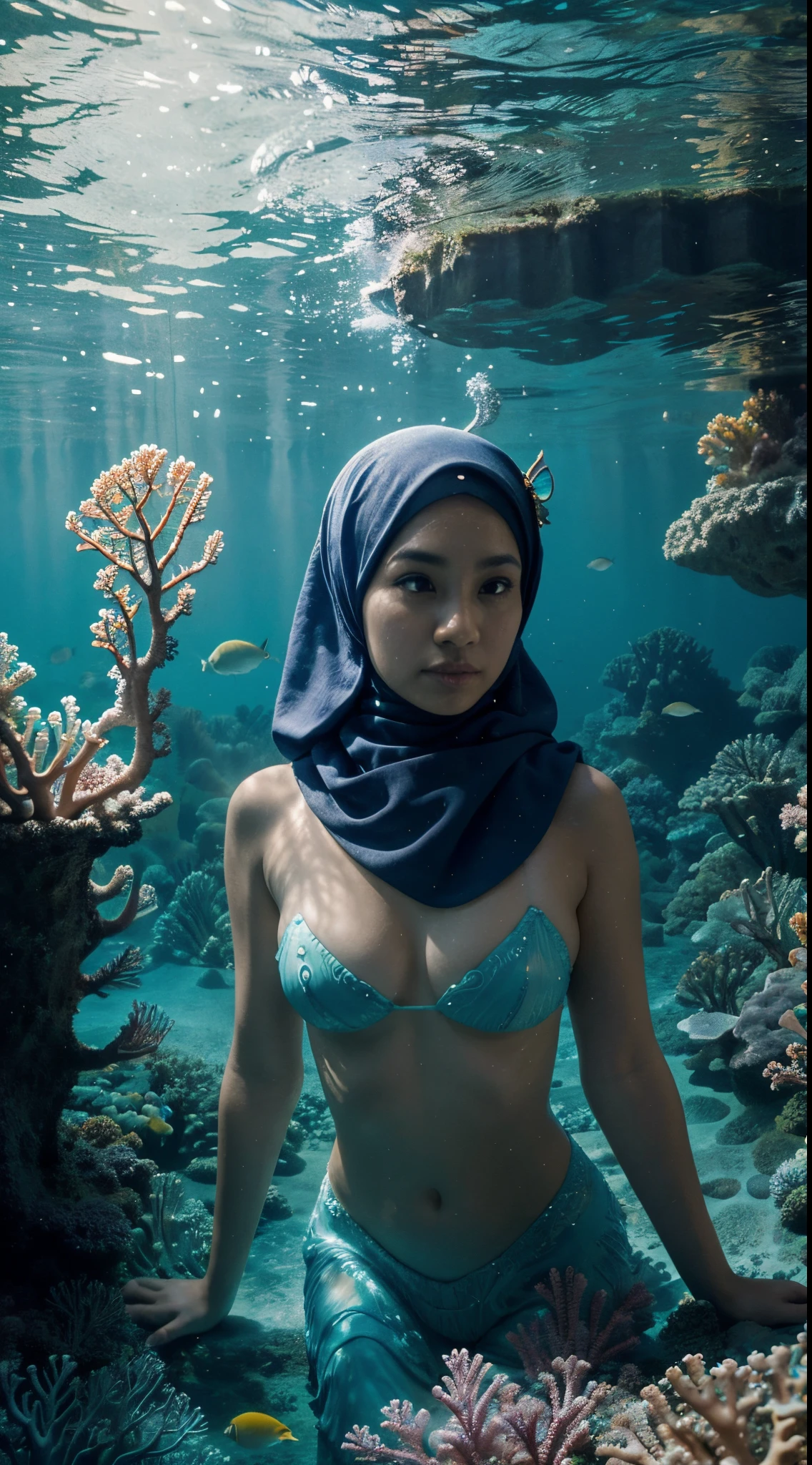Craft a surreal underwater scene with a Malay girl in hijab riding a majestic seahorse through a magical coral reef. Illuminate the underwater world with a soft, ethereal glow, and incorporate mythical sea creatures around them. Create a sense of wonder and fantasy, emphasizing the harmony ween the girl, the seahorse, and the enchanting marine environment. Use vibrant colors, dreamlike lighting, and intricate details to bring this underwater fantasy to life