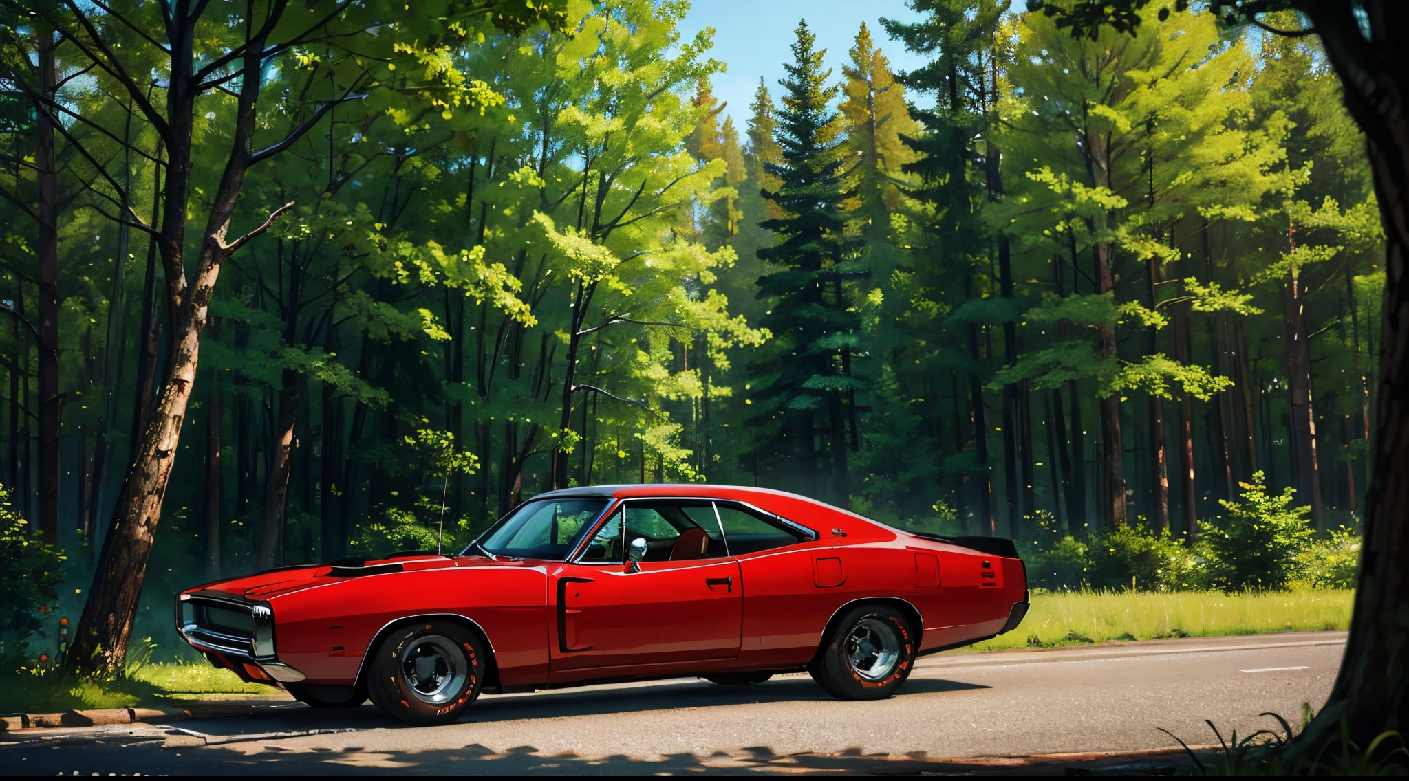 A red 1970 Dodge charger parked on the side of the road next to a forest, best quality, beautiful scenery, very detailed, cool cars, old cars, American cars