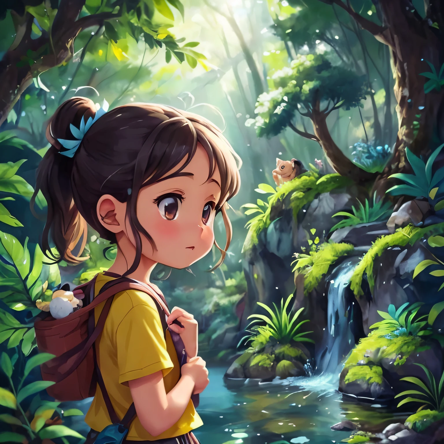 uma garota com uma mochila em frente a uma cachoeira, arte digital detalhada bonito, Anime natureza Wallpap, natureza anime, em uma selva, Anime Art Wallpaper 4K, Anime Art Wallpaper 4K, Anime Art Wallpaper 8K, pintura realista da menina bonito, anime exuberante john 8k madeiras, explorador feminino mini menina bonito, painting digital adorable, arte de anime digital detalhada