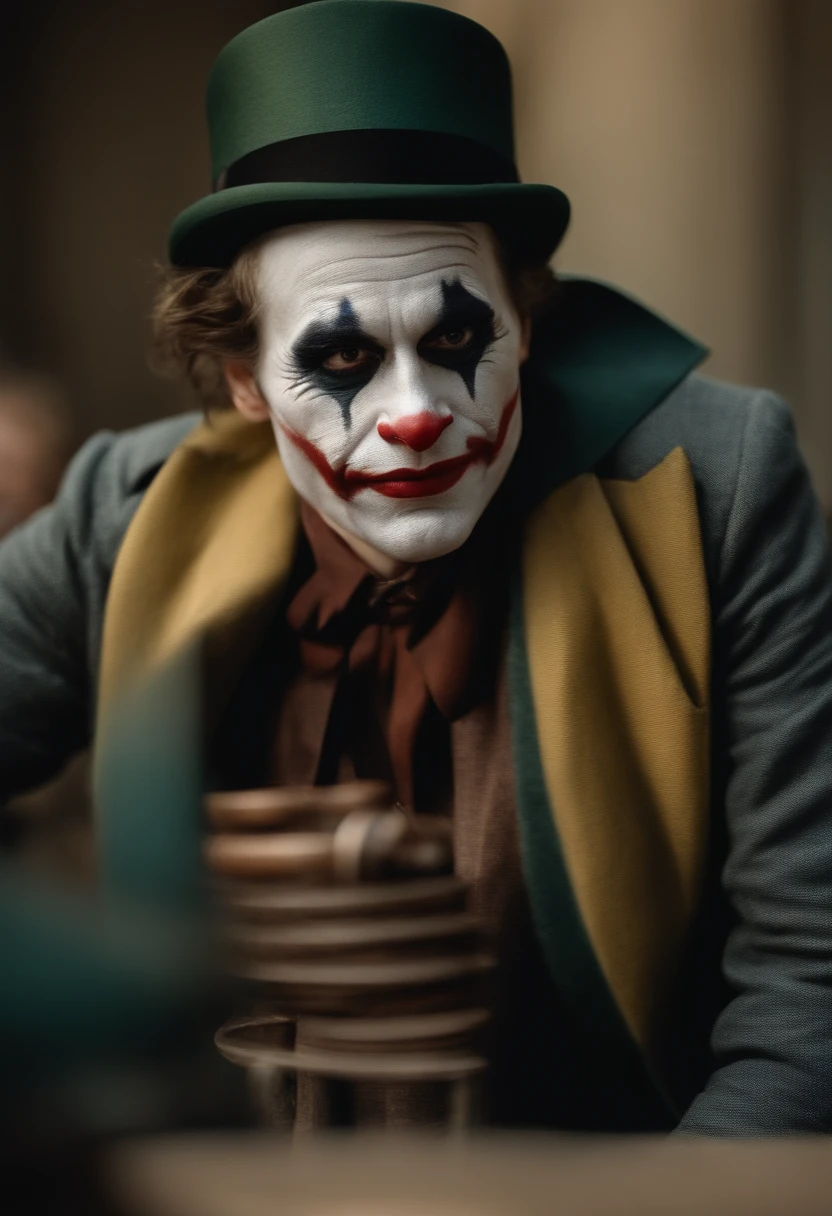 On the battlefield of gunsmoke,A clown with a twisted smile,With two daggers,Wearing a top hat,Hide behind the back of the soldiers,Raid in the shadows,assassins,assassination,character splash art,The art of assassination,assassins creed