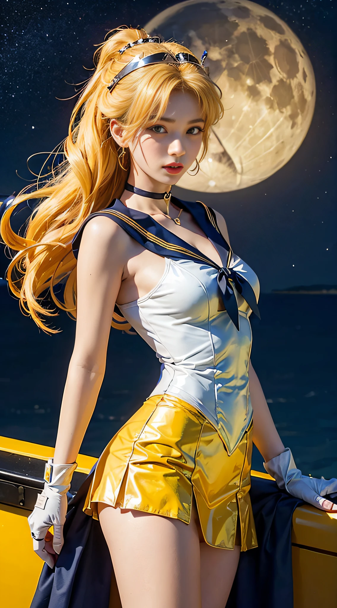 full: 1.3, Stand, Masterpiece, 。.。.3D, Realistic, Ultra-micro photo, Top quality, Ultra detailed CG Unity 8K wallpaper, From below, Intricate details, (1 female), 18 years old, (SV1, Sailor senshi uniform, Orange skirt, Elbow gloves, head gear, Orange sailor collar, Red bow, Orange choker, White gloves, jewelry), Incredibly long straight very bright blonde: 1.2, Shiny and beautiful straight blonde long hair: 1.2, Sailor Venus, Minako Aino, Apparently a sailor Chiseki uniform, Sparkling orange sexy pleated miniskirt: 1.3, (The blue bow in the center of the chest is very large: 1.4, Gold headdress on the forehead: 1.5, Wear orange gloves on your elbows: 1.1, Bare upper arms: 1.1, Knee-length boots,Bright orange enamel,Luxurious gold accents: 1.3, Saturated wide orange collar, Saturated orange sailor collar, The red bow on the back of the head is large: 1.1, White latex long gloves,Decorated in luxurious gold color: 1.3, There is a very large yellow bow behind the waist: 1.1, Orange choker, Looks sexy and bold, Orange heart-shaped earrings)),
((Seductive smile, very pretty look face, Face details: 1.5, Bright blue eyes, Beautiful face, Beautiful eyes, Shiny eyes, Thin lips: 1.3, Thin, Sharp, pale eyebrows, long dark eyelashes, Double lashes)), Luxury gold jewelry, (Slim-fit high-gloss white holographic leather: 1.3), Bold sexy slender high gravel swimsuit, (Fighting stance), Huge white wings, musculous, muscle abs, Small face, Huge breasts, Perfect proportions, Thin waist, sexy model pose, Visible pores, Perfect hands: 1.5, Octane rendering, very dramatic images, Intense natural light, Sunlight, exquisite lighting and shadows, Dynamic angles, Digital SLR harp, Focus: 1.0, Maximum clarity and sharpness(Golden theology, Heartstorm space background, Dynamic gold chain background, Golden Man: 1.2, Golden hair, Venus, Moonlight, Moon, Dynamic background, detailedbackground))
