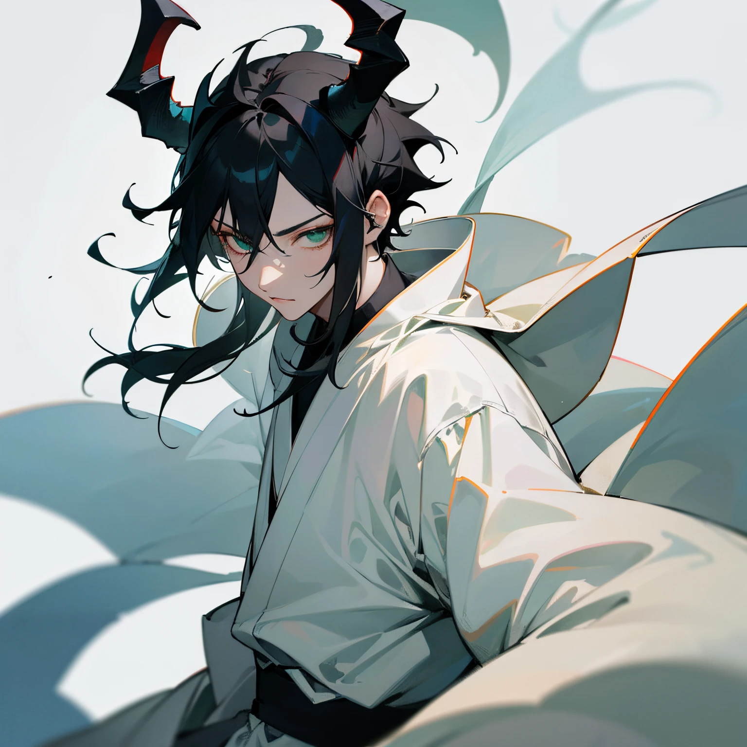 (highres, demon horns, white clothing, ninja clothing, 1 male, pale skin, intense green eyes, detailed facial features, youthful appearance, white temple background, detailed messy spiky black hair, young male)

This prompt is used to describe a high-quality、Realistic paintings。The subject of the picture is a male character，He has a very detailed black hairstyle。His skin was pale，The eyes are dark green，very bright and powerful。His facial features are also drawn in great detail，incluyendo los ojos、nase、Mouth, etc。He gives people a young feeling，Full of vitality。He is wearing white clothes，There are also ninja-like costumes，It gives a mysterious feeling。He has a pair of devil horns on his head，The corners are also drawn in great detail。The background is a white temple，It adds a solemn atmosphere to the whole picture。