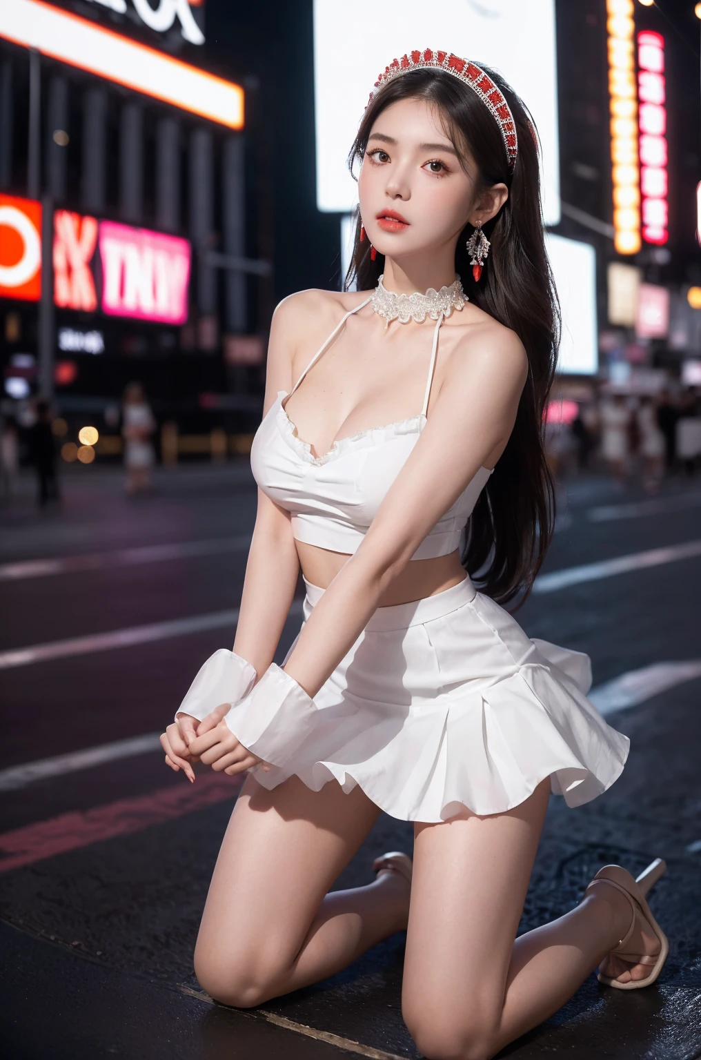 (8k, RAW photo, best quality, masterpiece:1.2), (realistic, photo-realistic:1.37), illustration, an extremely delicate and beautiful, perfect female body, extremely detailed, photography, 8k, Amazing, finely detailed, beautiful detailed eyes, best quality, ultra high res, ((extremely detailed face)), thin waist, thin legs, thin thighs, long legs, tight ass, extremely detailed body, big boobs, photography, (photorealistic:1.37), 1 girl, pov, (wide shot, Dutch angle) (((wearing white and red intricate filled maid clothes:2, white and red intricate frilled maid skirt:2, intricate choker necklace, intricate earrings, intricate maid headdress, white stiletto,))), ((light brown long coil hair)), (looking at the viewer), ((girl is kneeling on New York Time Square at night)), (clothed), ulzzang-6500-v1.1:0.9, ulzzang-6500-v1.1:0.8,