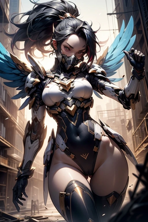 from below, mecha leotard, ((highleg leotard)), (navel expose), (mecha gas mask), large hair pin, textured skin, (tiny wings), starguardianakali, (multicolored legwear, elbow gloves, hair ornament, multicolored hair, black hair, gold hair, ponytail), (double floating assault drones at her back). in the ruins, dynamic composition, best quality, masterpiece, super detail, highres, cinematic lighting, dynamics, perspective