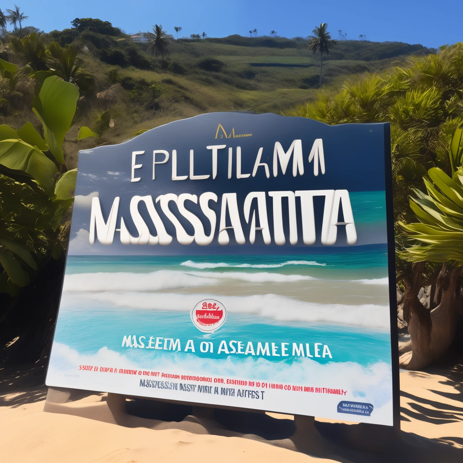 Maca de massagem em praia tropical. Placa de madeira entalhada escrito " massagem"