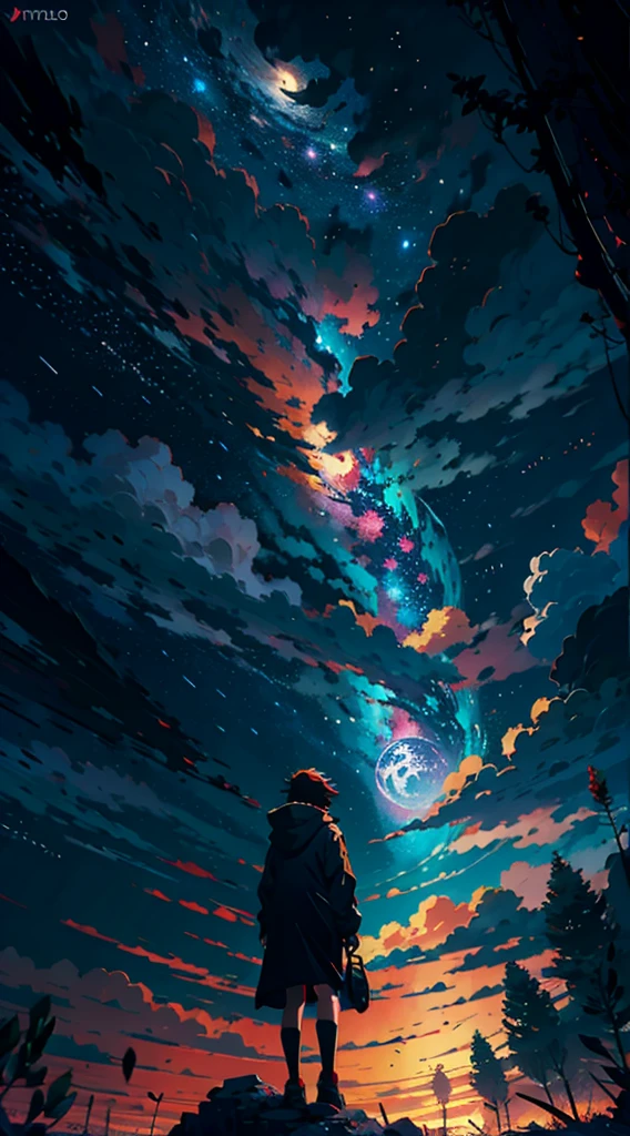 Anime girl standing on a rock looking at a sky full of stars, Makoto Shinkai Cirilo Rolando, Anime Art Wallpaper 4K, Anime Art Wallpaper 4K, Anime Art Wallpaper 8K, cosmic skies. por makoto shinkai, inspirado em Cyril Rolando, No estilo Dan Mumford obra de arte, paper awesome wallpaper, por Yuumei