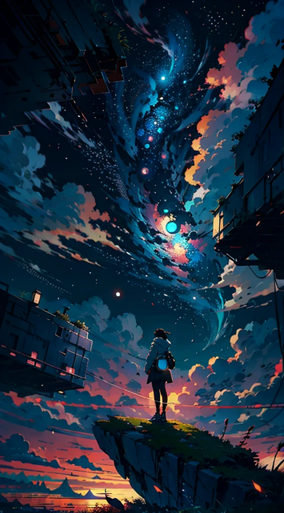 Anime girl standing on a rock looking at a sky full of stars, Makoto Shinkai Cirilo Rolando, Anime Art Wallpaper 4K, Anime Art Wallpaper 4K, Anime Art Wallpaper 8K, cosmic skies. por makoto shinkai, inspirado em Cyril Rolando, No estilo Dan Mumford obra de arte, paper awesome wallpaper, por Yuumei