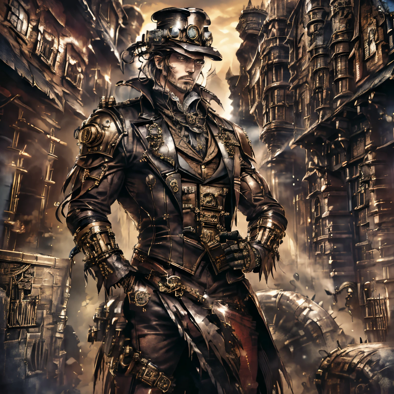 Large strong man, powerful, vampire, glowing red eyes, long flowing white hair, covered in scars, steampunk gear, steampunk scientist goggles, steampunk watch on wrist, standing in a factory, detailed face, high quality, thin armor and vest, a lot of fabric, fancy, skilled, pale white skin, red eyes, less technology, not bulky, slim, BloodBorne, Hunter, BloodBorne Hunter, Gothic, detailed body and face, handsome, pinnacle of intelligence