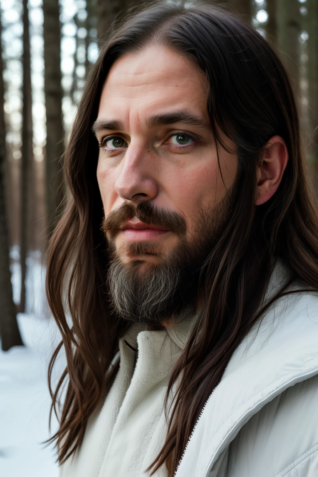 photo portrait of 50 yo man, eye contact, long hair, winter forest on background, realism, photorealism, hyperrealism, (insane details:1.3), 35mm