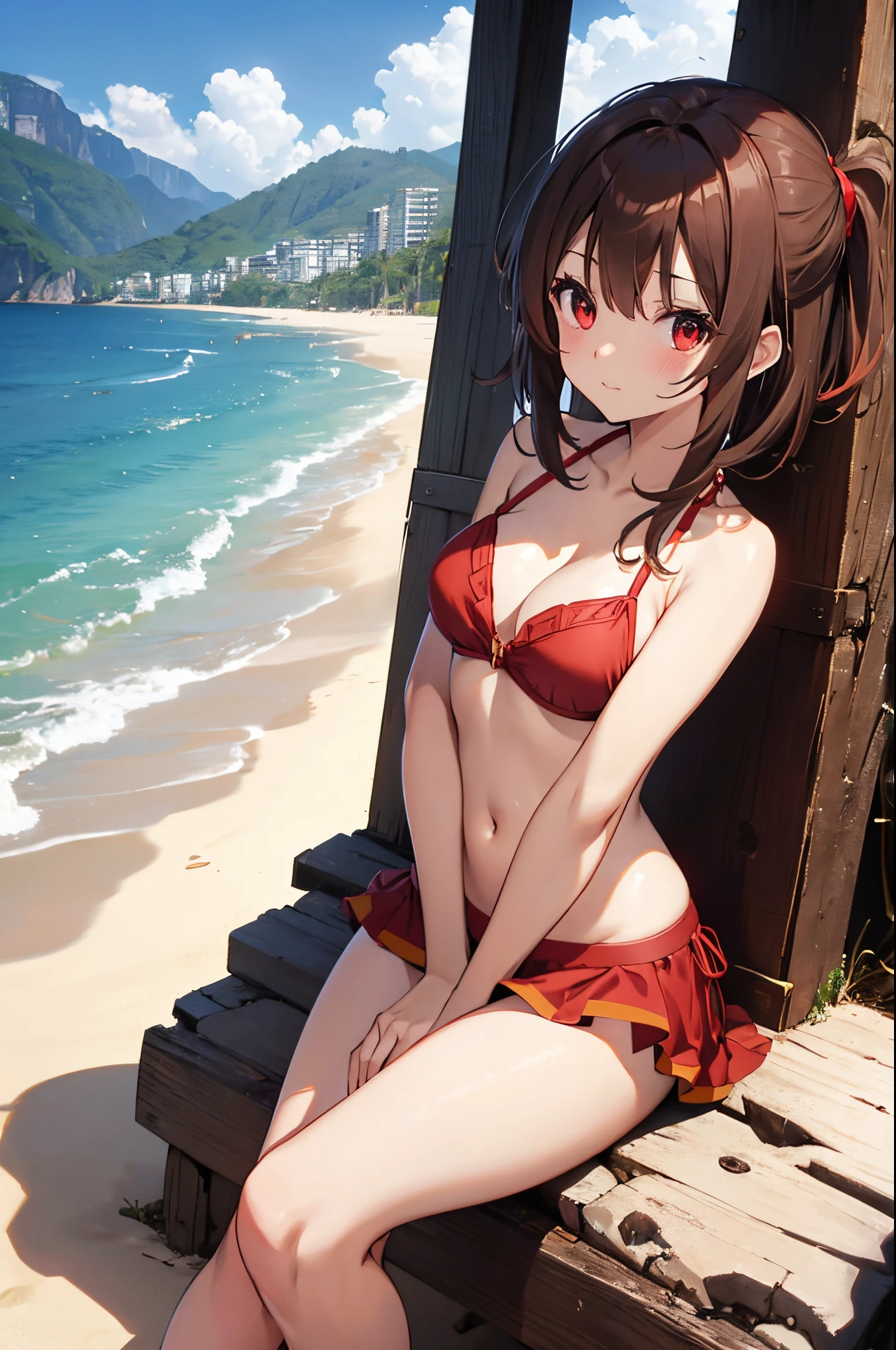 Megumin、SHOULDER-LENGTH BROWN HAIR、24 anos、Medium Bob、a praia、qualidade superior、red bikini、hidden hand、Navel Ejection、Teats、