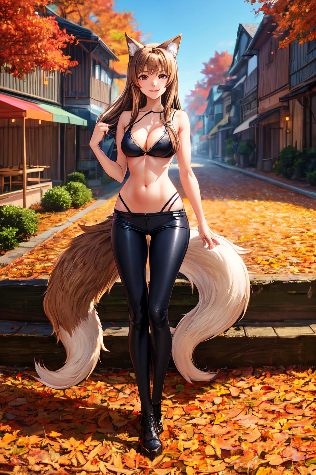 Beautiful, light brown hair, light brown fur, spice and wolf anime, wolf ears, wolf tail, best quality, skinny waist, 8k resolution, perfect makeup, medium breasts, best hair quality, cleavage, full body, autumn, thanksgiving dinner