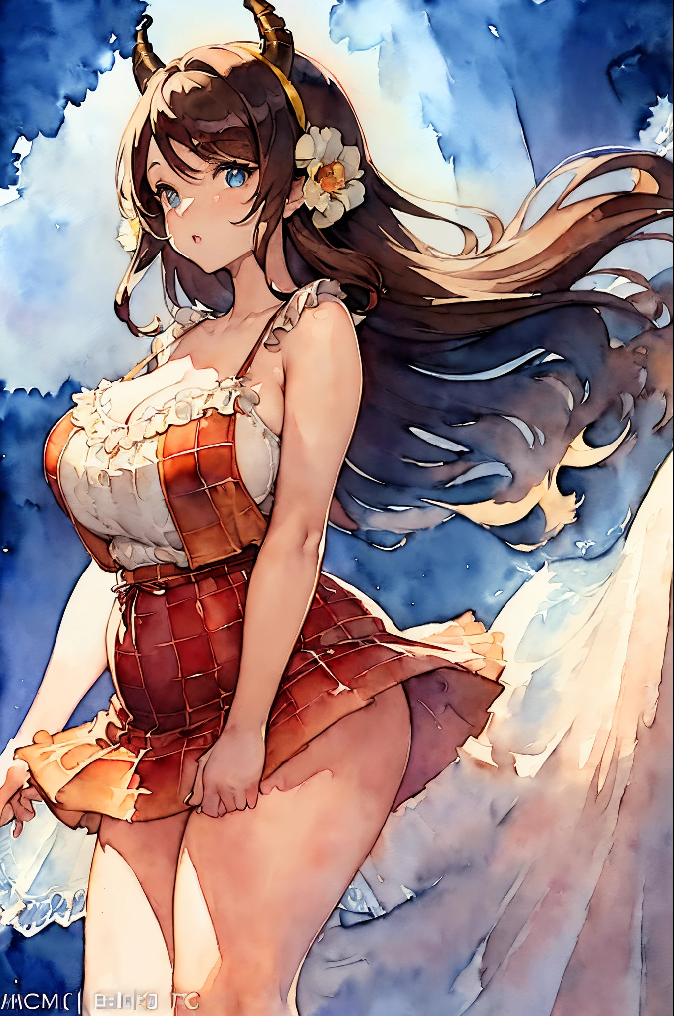 ((Masterpiece)), (Best Quality), ((Super Detail)), (((((watercolor speedpaint Illustration))))), ((Very Delicate and Beautiful)), (((solo))), Dynamic Angle, Looking at viewer, anime moe artstyle, ((enigmatic and motherly)), ((Cerulean Blue eyes)), (tanned skin), ((Deep Chocolate Brown hair)), ((Hair with Bright Orange Highlights)), (((Straight Cut hair))), ((Very Long Hair)), ((Twin pitch black demon horns)), (otherworldly), exceptionally beautiful, (((plump))), (big breasts), ((curvy)), (((voluptuous))), (ethereal spirit), ((((Lacy Yellow Camisole)))), (((Red Tartan miniskirt))), (((Camisole with White Trim))), (((Mommy))), ((Oneesan)), (high quality), volumetric lighting, ((spiritual plane)), ((((ethereal background))))