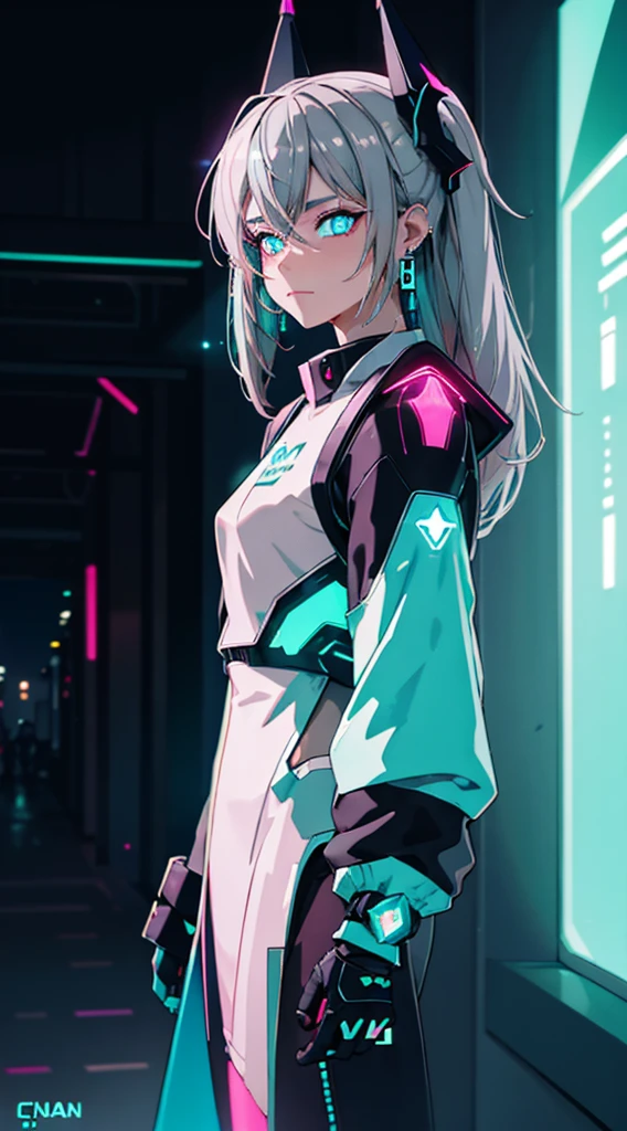 (masterpiece, best quality, night:1.4), (cowboy shot, silver hair:1.9), 8k, absurdres, beautiful girl, (wearable computer:1.4), cyberpunk, cyber goth, (cyberpunkoutfit, fluorescence pink accent, glowing pink lines on short jacket:1.4), neon, bracelets and choker, (glowing, glow, film grain, chromatic aberration:2), (asian shopping district, street, buildings, skyscraper:1.2), makeup, (cyan earrings:1.3), sharp focus, dark background, perspective, depth of field, (very small mechanical device, rain, HDR, facelight, sharp focus, dynamic lighting, cinematic lighting, professional shadow, extreme detailed, finely detail, real skin:0.8), (detailed eyes, sharp pupils, realistic pupils, dark back ground:0.6), (glitch effect:0.7)