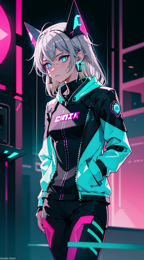 (masterpiece, best quality, night:1.4), (cowboy shot, silver hair:1.9), 8k, absurdres, beautiful girl, (wearable computer:1.4), cyberpunk, cyber goth, (cyberpunkoutfit, fluorescence pink accent, glowing pink lines on short jacket:1.4), neon, bracelets and choker, (glowing, glow, film grain, chromatic aberration:2), (asian shopping district, street, buildings, skyscraper:1.2), makeup, (cyan earrings:1.3), sharp focus, dark background, perspective, depth of field, (very small mechanical device, rain, HDR, facelight, sharp focus, dynamic lighting, cinematic lighting, professional shadow, extreme detailed, finely detail, real skin:0.8), (detailed eyes, sharp pupils, realistic pupils, dark back ground:0.6), (glitch effect:0.7)