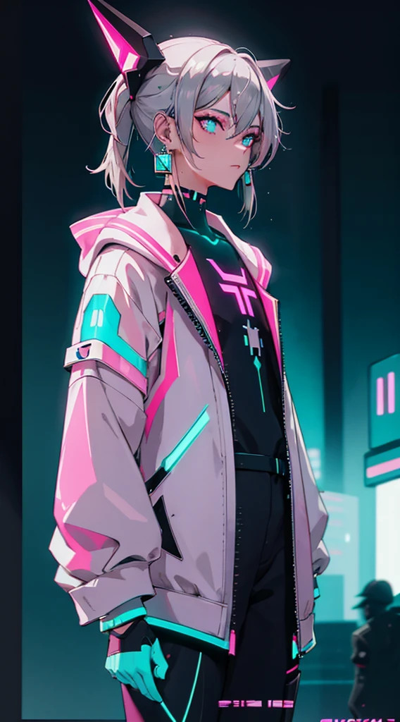 (masterpiece, best quality, night:1.4), (cowboy shot, silver hair:1.9), 8k, absurdres, beautiful girl, (wearable computer:1.4), cyberpunk, cyber goth, (cyberpunkoutfit, fluorescence pink accent, glowing pink lines on short jacket:1.4), neon, bracelets and choker, (glowing, glow, film grain, chromatic aberration:2), (asian shopping district, street, buildings, skyscraper:1.2), makeup, (cyan earrings:1.3), sharp focus, dark background, perspective, depth of field, (very small mechanical device, rain, HDR, facelight, sharp focus, dynamic lighting, cinematic lighting, professional shadow, extreme detailed, finely detail, real skin:0.8), (detailed eyes, sharp pupils, realistic pupils, dark back ground:0.6), (glitch effect:0.7)