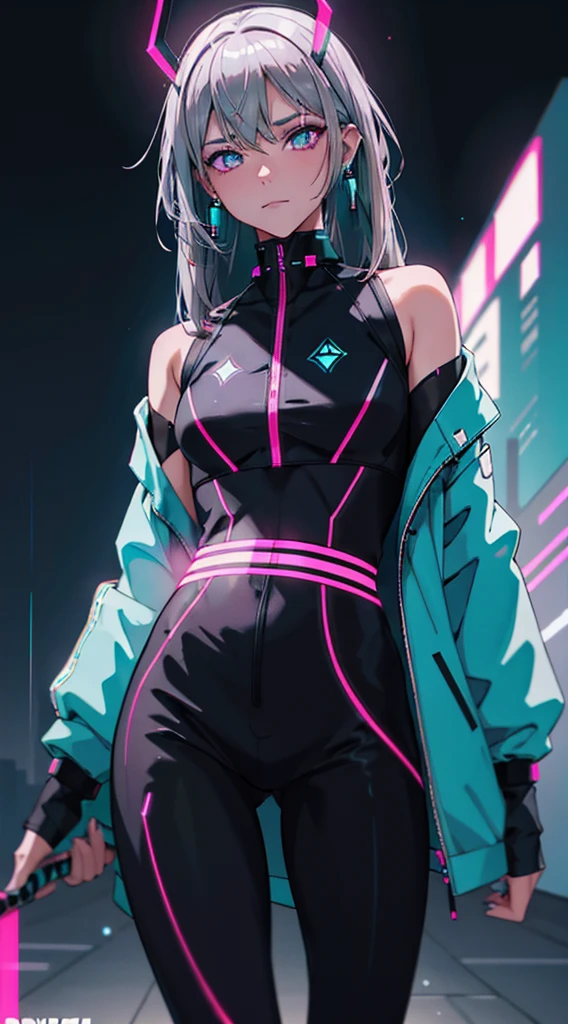 (masterpiece, best quality, night:1.4), (cowboy shot, silver hair:1.9), 8k, absurdres, beautiful girl, (wearable computer:1.4), cyberpunk, cyber goth, (cyberpunkoutfit, fluorescence pink accent, glowing pink lines on short jacket:1.4), neon, bracelets and choker, (glowing, glow, film grain, chromatic aberration:2), (asian shopping district, street, buildings, skyscraper:1.2), makeup, (cyan earrings:1.3), sharp focus, dark background, perspective, depth of field, (very small mechanical device, rain, HDR, facelight, sharp focus, dynamic lighting, cinematic lighting, professional shadow, extreme detailed, finely detail, real skin:0.8), (detailed eyes, sharp pupils, realistic pupils, dark back ground:0.6), (glitch effect:0.7)