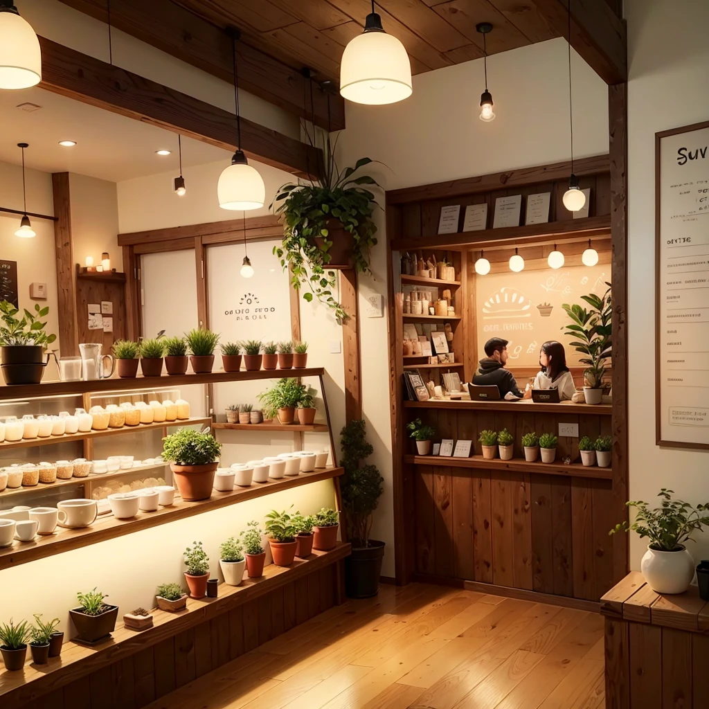 Cozy and comfortable milk tea shop,SuaveSoftlighting,Delicate hand-drawn illustration,Detalhes meticulosos na loja,Indoor greenery and warm wood decor,