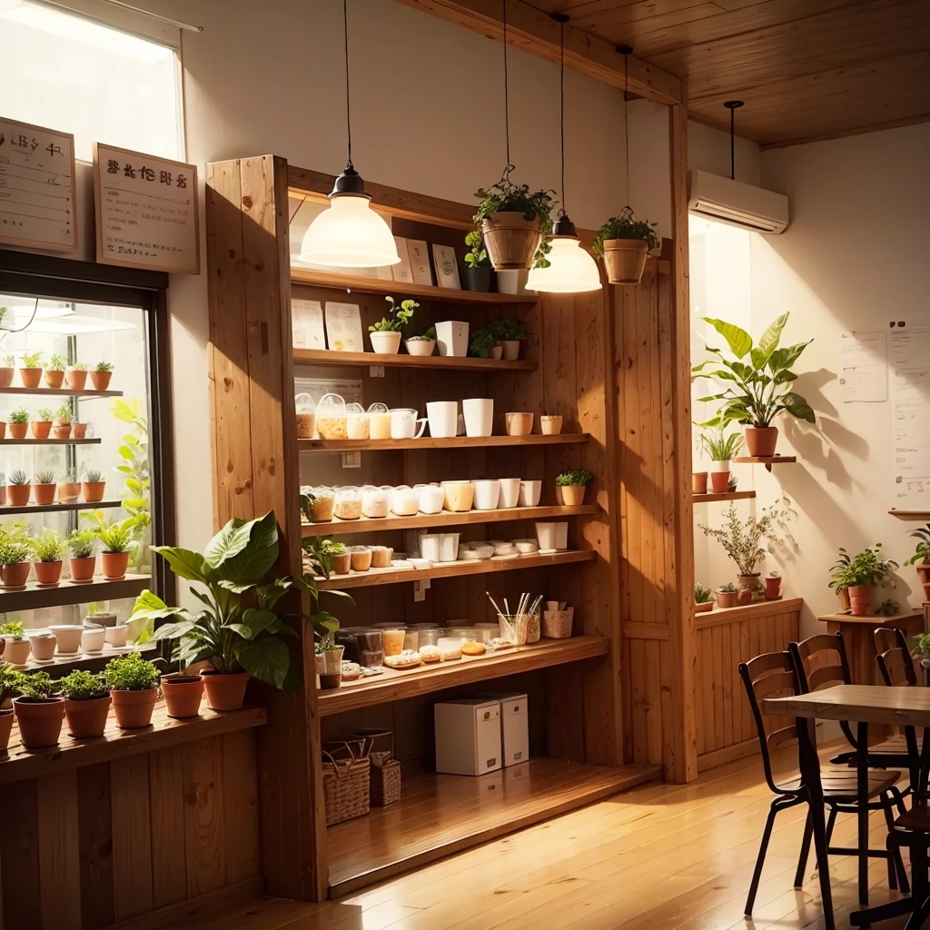 Cozy and comfortable milk tea shop,SuaveSoftlighting,Delicate hand-drawn illustration,Detalhes meticulosos na loja,Indoor greenery and warm wood decor,