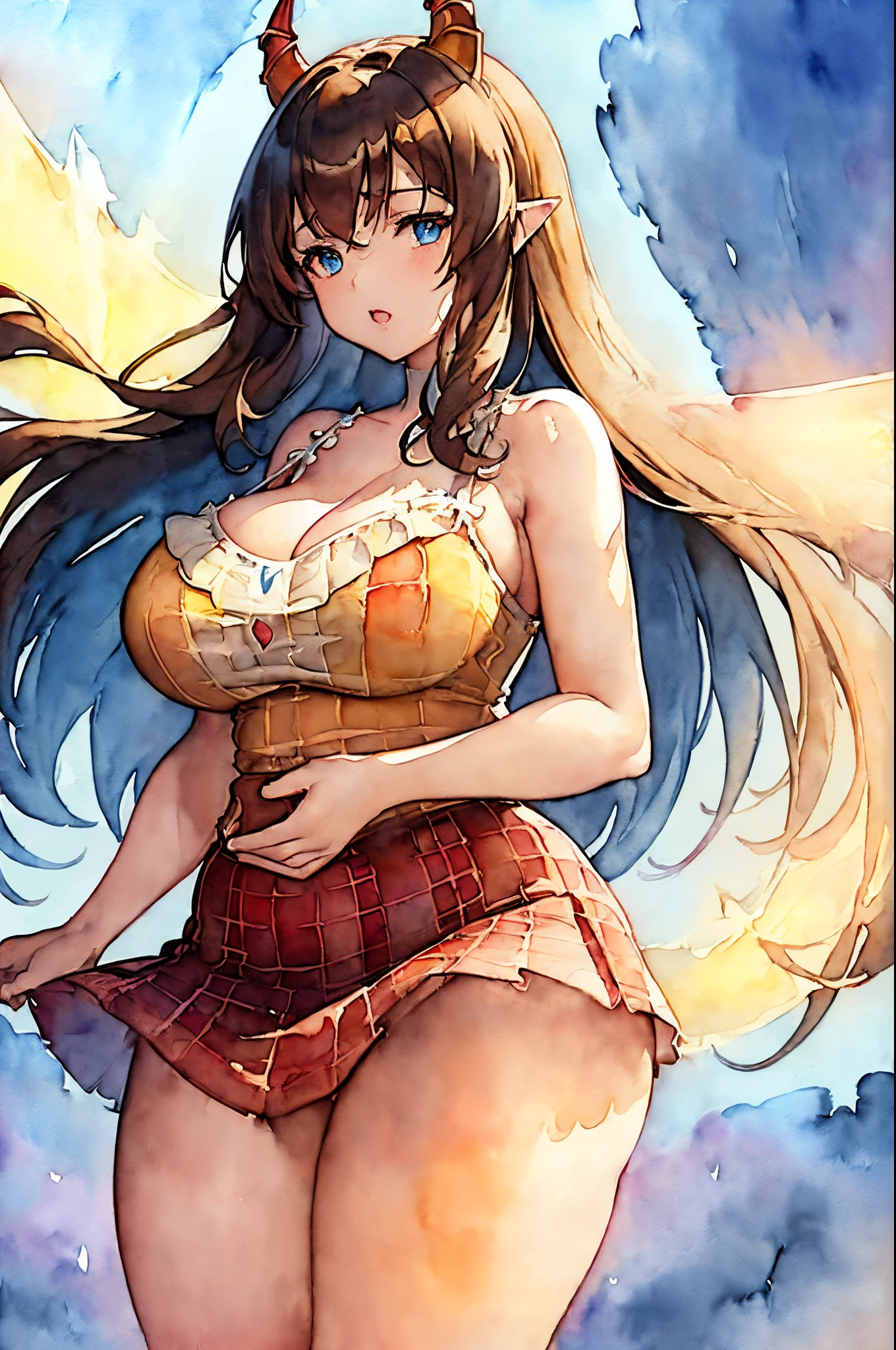 ((Masterpiece)), (Best Quality), ((Super Detail)), (((((watercolor speedpaint Illustration))))), ((Very Delicate and Beautiful)), (((solo))), Dynamic Angle, Looking at viewer, anime moe artstyle, ((enigmatic and motherly)), ((Cerulean Blue eyes)), (tanned skin), ((Deep Chocolate Brown hair)), ((Hair with Bright Orange Highlights)), (((Straight Cut hair))), ((Very Long Hair)), ((Twin pitch black demon horns)), (otherworldly), exceptionally beautiful, (((plump))), (big breasts), ((curvy)), (((voluptuous))), (ethereal spirit), ((((Lacy Yellow Camisole)))), (((Red Tartan miniskirt))), (((Camisole with White Trim))), (((Mommy))), ((Oneesan)), (high quality), volumetric lighting, ((spiritual plane)), ((((ethereal background))))