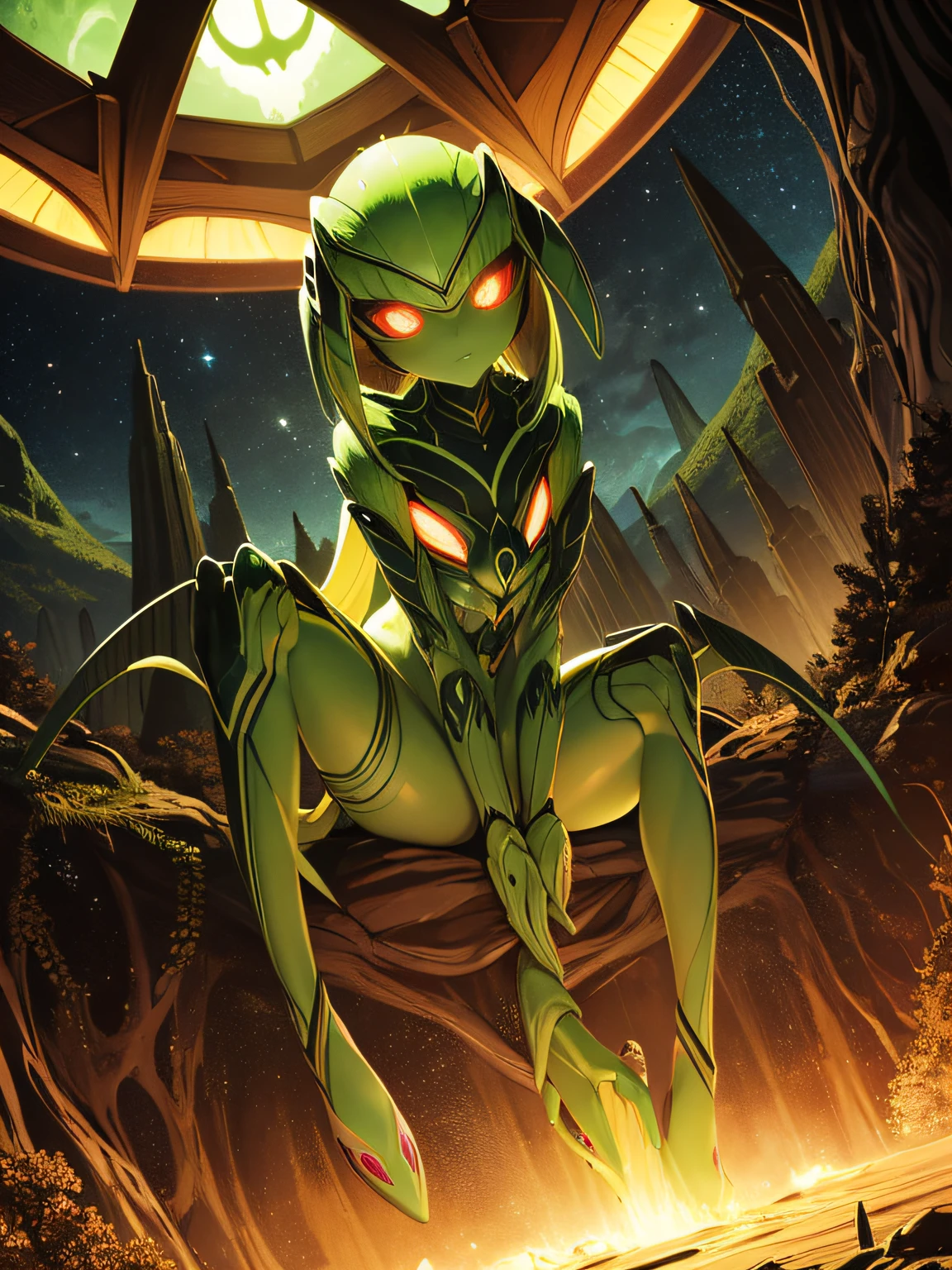 masterpiece, mantis girl, glowing eyes, mantis deity, detailed anatomy, alien spaceship cabin, alien landscape