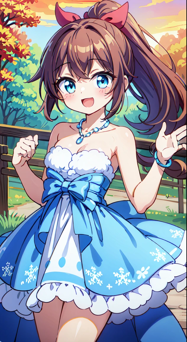 Japan Anime Styles 2019,Masterpieces,Best Quality,Ultimate detailed illustration,Red tone illustration, BREAK, 1girl in, (Cute:1.5),(Chibi:0.5),(kawaii:2.0),(Lori:2.0),(7 girl),(Solo:1.65),BREAK, (flat chest:1.2,), Clear skin, Beautiful skin, Shy, One Beautiful Girl,Colossal tits(Hair Bow, reddish brown hair, High Ponytail,Large, Red Hair Ribbon:1.2), (Brown eyes, long eyelashes, Double eyelids: 1.2), Shiny skin, gleaming skin,Clear skin, Beautiful skin,( A smile:1.5), Solo,gleaming skin, Clear skin, Beautiful skin(best quality face),(Top quality glowing eyes), (The best smile,:D:1.45),
BREAK (White and light blue theme:1.5), ((elegant style, Gorgeous):1.2), ((Light blue princess dress with white fluffy fur, light blue hoop skirt):1.4), (Snowflake symbol print on dress:1.4), ((Strapless, Bare shoulders):1.3), (very precise embroidery:1.3), (fluffy fur:1.3), (necklace made of countless gemstones:1.2), (high-heels:1.1),
BREAK
(Red flower ornament:1.2),
BREAK, 鎖骨,Hair intake, Hand up, Navel, Parted lips, Solo, Stomach,architecture, Blue sky, (autumn forest:1.2), wooden building, Koyasanji Temple, balconies, Blue sky, crystal clear skies, Blurry background, longshot, Standing, Sunset, thighs thighs thighs thighs, \(Fate\), Twilight,Happy,Laugh,blush,Opened mouth,Beautiful sunset,Twilight,Backlighting,Waterfall,depth of fields,