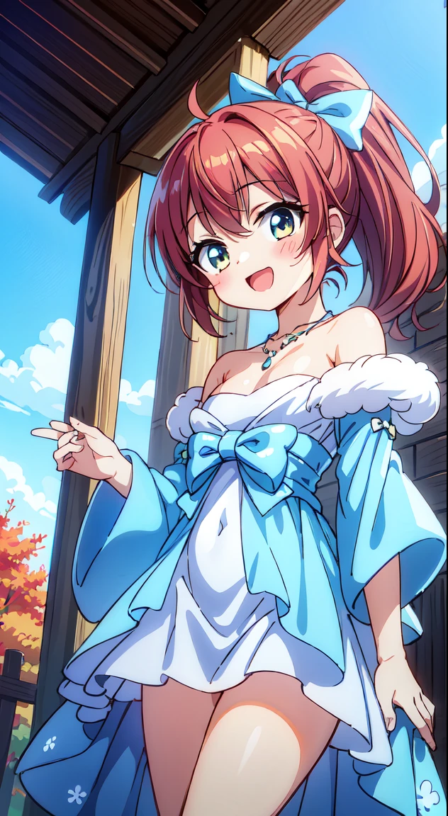 Japan Anime Styles 2019,Masterpieces,Best Quality,Ultimate detailed illustration,Red tone illustration, BREAK, 1girl in, (Cute:1.5),(Chibi:0.5),(kawaii:2.0),(Lori:2.0),(7 year old girl),(Solo:1.65),BREAK, (flat chest:1.2,), Clear skin, Beautiful skin, Shy, One Beautiful Girl,Colossal tits(Hair Bow, reddish brown hair, High Ponytail,Large, Red Hair Ribbon:1.2), (Brown eyes, long eyelashes, Double eyelids: 1.2), Shiny skin, gleaming skin,Clear skin, Beautiful skin,( A smile:1.5), Solo,gleaming skin, Clear skin, Beautiful skin(best quality face),(Top quality glowing eyes), (The best smile,:D:1.45),
BREAK (White and light blue theme:1.5), ((elegant style, Gorgeous):1.2), ((Light blue princess dress with white fluffy fur, light blue hoop skirt):1.4), (Snowflake symbol print on dress:1.4), ((Strapless, Bare shoulders):1.3), (very precise embroidery:1.3), (fluffy fur:1.3), (necklace made of countless gemstones:1.2), (high-heels:1.1),
BREAK
(Red flower ornament:1.2),
BREAK, 鎖骨,Hair intake, Hand up, Navel, Parted lips, Solo, Stomach,architecture, Blue sky, (autumn forest:1.2), wooden building, Koyasanji Temple, balconies, Blue sky, crystal clear skies, Blurry background, longshot, Standing, Sunset, thighs thighs thighs thighs, \(Fate\), Twilight,Happy,Laugh,blush,Opened mouth,Beautiful sunset,Twilight,Backlighting,Waterfall,depth of fields,