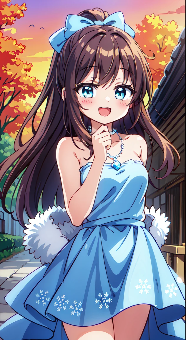 Japan Anime Styles 2019,Masterpieces,Best Quality,Ultimate detailed illustration,Red tone illustration, BREAK, 1girl in, (Cute:1.5),(Chibi:0.5),(kawaii:2.0),(Lori:2.0),(7 year old girl),(Solo:1.65),BREAK, (flat chest:1.2,), Clear skin, Beautiful skin, Shy, One Beautiful Girl,Colossal tits(Hair Bow, reddish brown hair, High Ponytail,Large, Red Hair Ribbon:1.2), (Brown eyes, long eyelashes, Double eyelids: 1.2), Shiny skin, gleaming skin,Clear skin, Beautiful skin,( A smile:1.5), Solo,gleaming skin, Clear skin, Beautiful skin(best quality face),(Top quality glowing eyes), (The best smile,:D:1.45),
BREAK (White and light blue theme:1.5), ((elegant style, Gorgeous):1.2), ((Light blue princess dress with white fluffy fur, light blue hoop skirt):1.4), (Snowflake symbol print on dress:1.4), ((Strapless, Bare shoulders):1.3), (very precise embroidery:1.3), (fluffy fur:1.3), (necklace made of countless gemstones:1.2), (high-heels:1.1),
BREAK
(Red flower ornament:1.2),
BREAK, 鎖骨,Hair intake, Hand up, Navel, Parted lips, Solo, Stomach,architecture, Blue sky, (autumn forest:1.2), wooden building, Koyasanji Temple, balconies, Blue sky, crystal clear skies, Blurry background, longshot, Standing, Sunset, thighs thighs thighs thighs, \(Fate\), Twilight,Happy,Laugh,blush,Opened mouth,Beautiful sunset,Twilight,Backlighting,Waterfall,depth of fields,