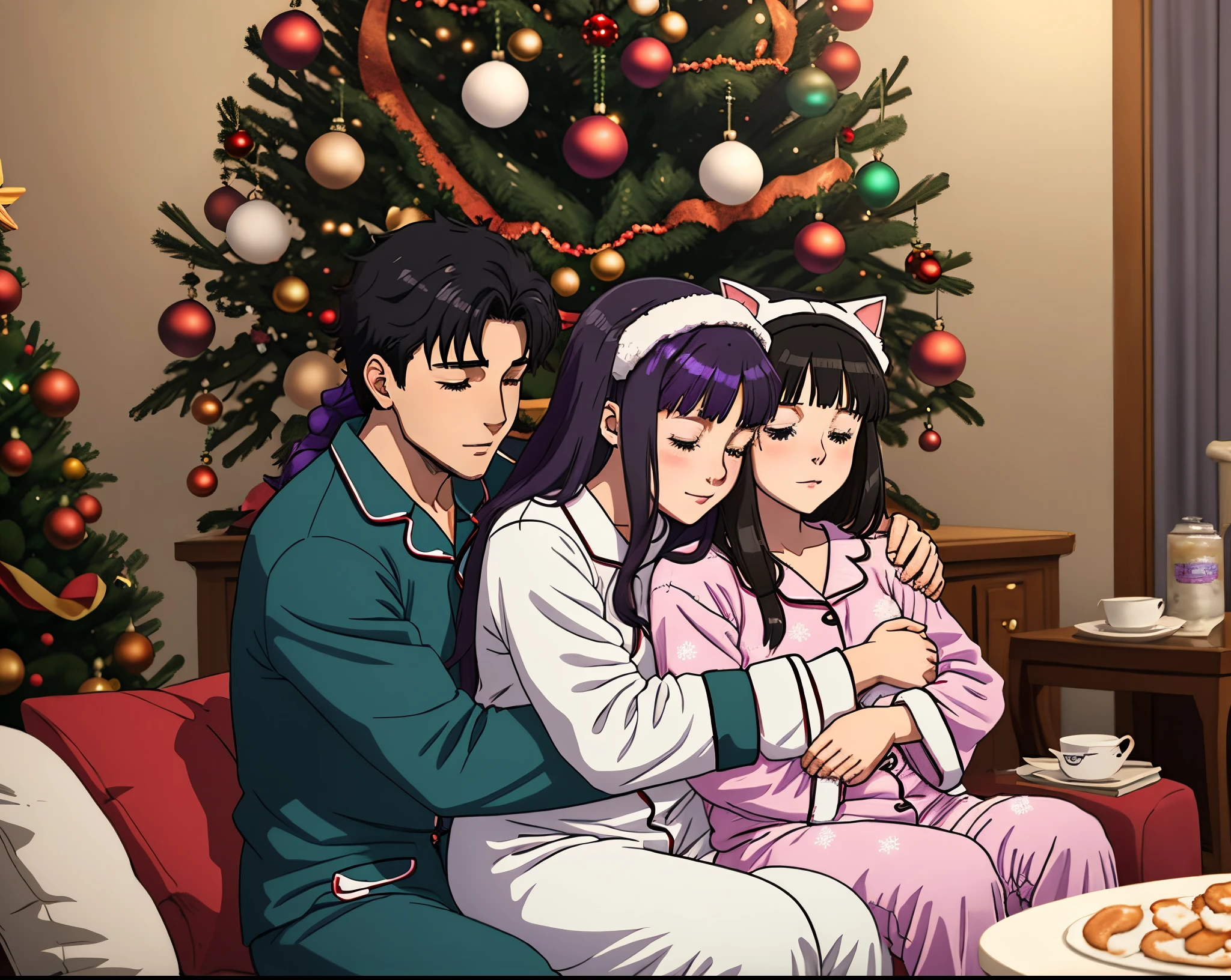 Anime boy with short black hair is hugging. His girlfriend that has long purple hair. They are sitting in front of a Christmas tree wearing matching snow flake pajamas. The girl has a cat sitting in her lap