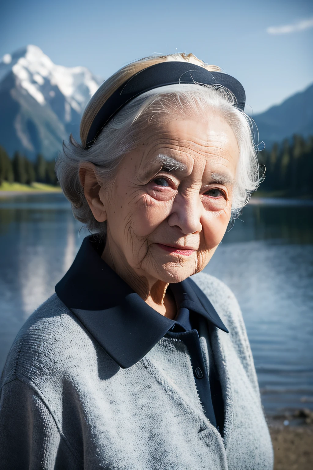 "Describe the charming life and personality of the adorable 90-year-old woman pictured in the image from the front. Explore the wrinkles that tell stories, the funny and quirky face that reflects wisdom and humor. Imagine the experiences that have shaped your journey over the years and how it embodies the unique beauty of age. Feel free to add details about the surrounding scenery and any elements that highlight the uniqueness of this elderly character.. standing in front of the camera