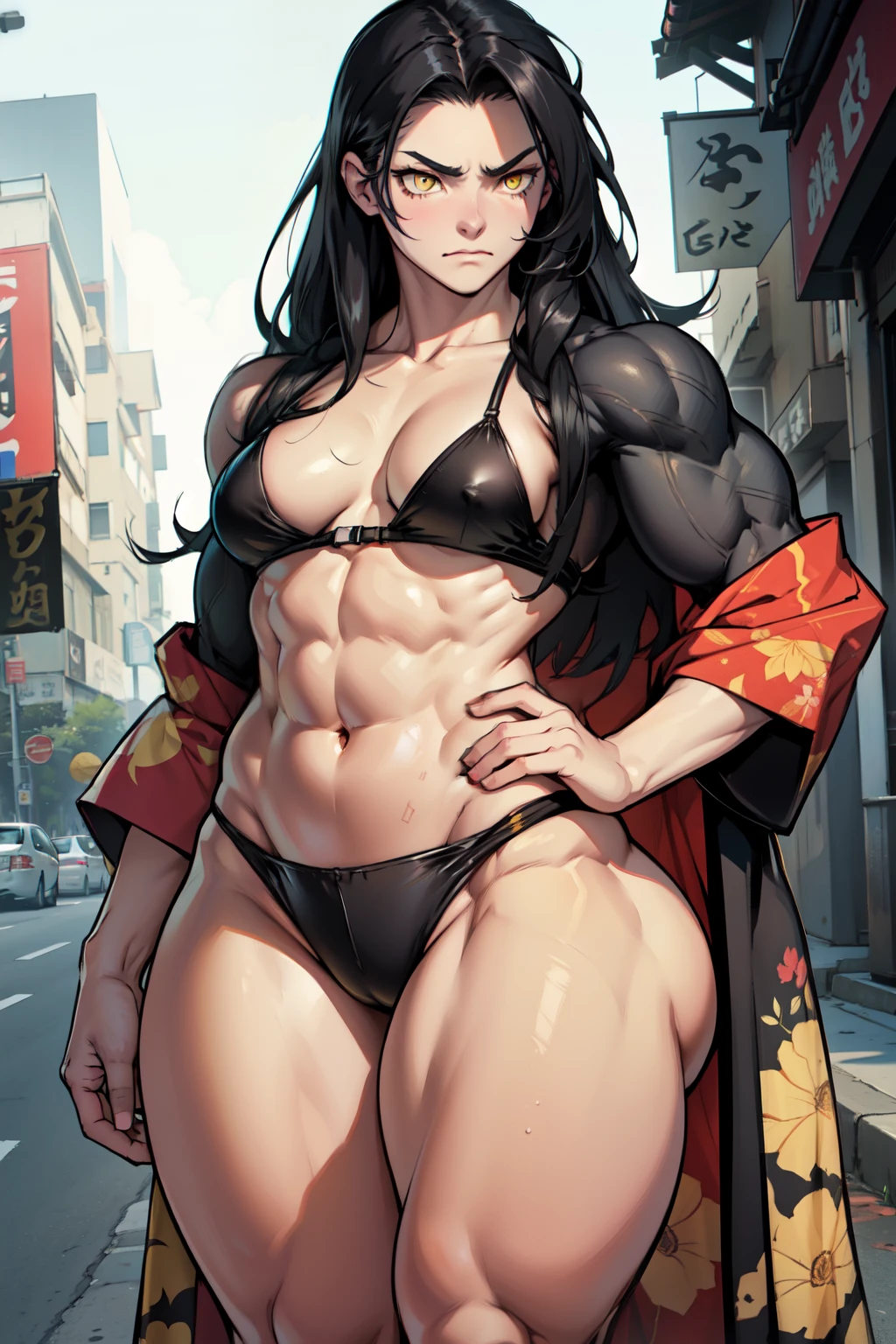 1girl black hair yellow eyes very long hair pale skin angry ((bodybuilder muscular thick thighs small breasts curvy wide hips)) kimono