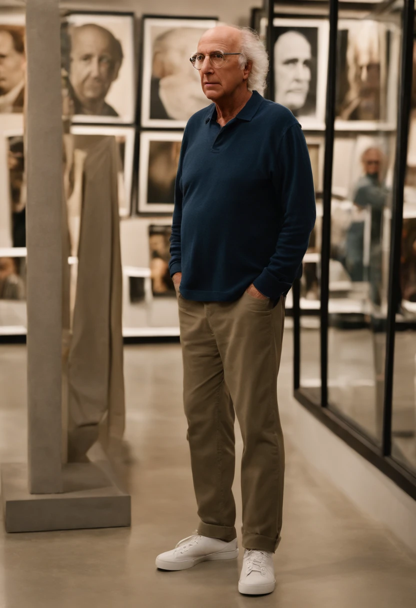 A photo of Larry standing in the middle of a crowded art gallery, scowling at a modern art exhibit.,Curb Your Enthusiasm,Larry David, the character from “Curb Your Enthusiasm,” mirrors his real-life counterpart with a casual, often disheveled appearance, typically seen in khaki pants, a loose-fitting shirt, and sneakers. He is balding, with a rim of curly hair, and he carries a bemused expression that often shifts into one of exasperation or incredulity