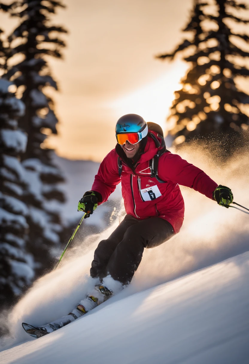 A candid shot of the ski instructor carving through a thick blanket of fresh powder with the sun setting in the background,original,a quintessential ski bum, lives and breathes the slopes of Jackson Hole, with his sun-bleached hair, weathered skin, and a perpetual grin beneath his mirrored goggles. His attire is a colorful mishmash of vintage ski gear, patched up from years of backcountry adventures, embodying his free-spirited and carefree approach to life.