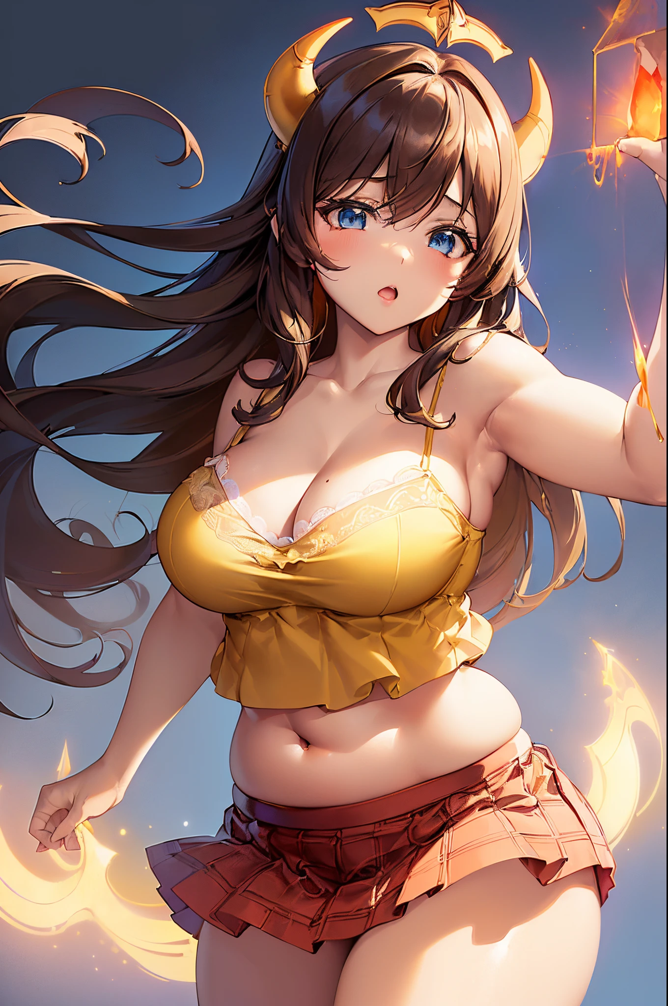 ((Masterpiece)), (Best Quality), ((Super Detail)), (Illustration), ((Very Delicate and Beautiful)), (((solo))), Dynamic Angle, Looking at viewer, anime moe artstyle, ((enigmatic and motherly)), ((Cerulean Blue eyes)), (tanned skin), ((Deep Chocolate Brown hair)), ((Hair with Bright Orange Highlights)), (((Straight Cut hair))), ((Very Long Hair)), ((Twin pitch black demon horns)), (otherworldly), exceptionally beautiful, (((plump))), (big breasts), ((curvy)), (((voluptuous))), (ethereal spirit), ((((Lacy Yellow Camisole)))), (((Red Tartan miniskirt))), (((Camisole with White Trim))), (((Mommy))), ((Oneesan)), (high quality), volumetric lighting, ((spiritual plane)), ((((ethereal background))))