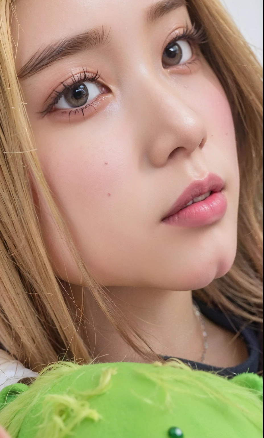 a close up of a woman with a green teddy bear, roseanne park of blackpink, tzuyu from twice, lalisa manobal, close up face, portrait jisoo blackpink, jossi of blackpink, close up at face, face close up, very pretty face, cl, jisoo from blackpink, portrait of jossi of blackpink