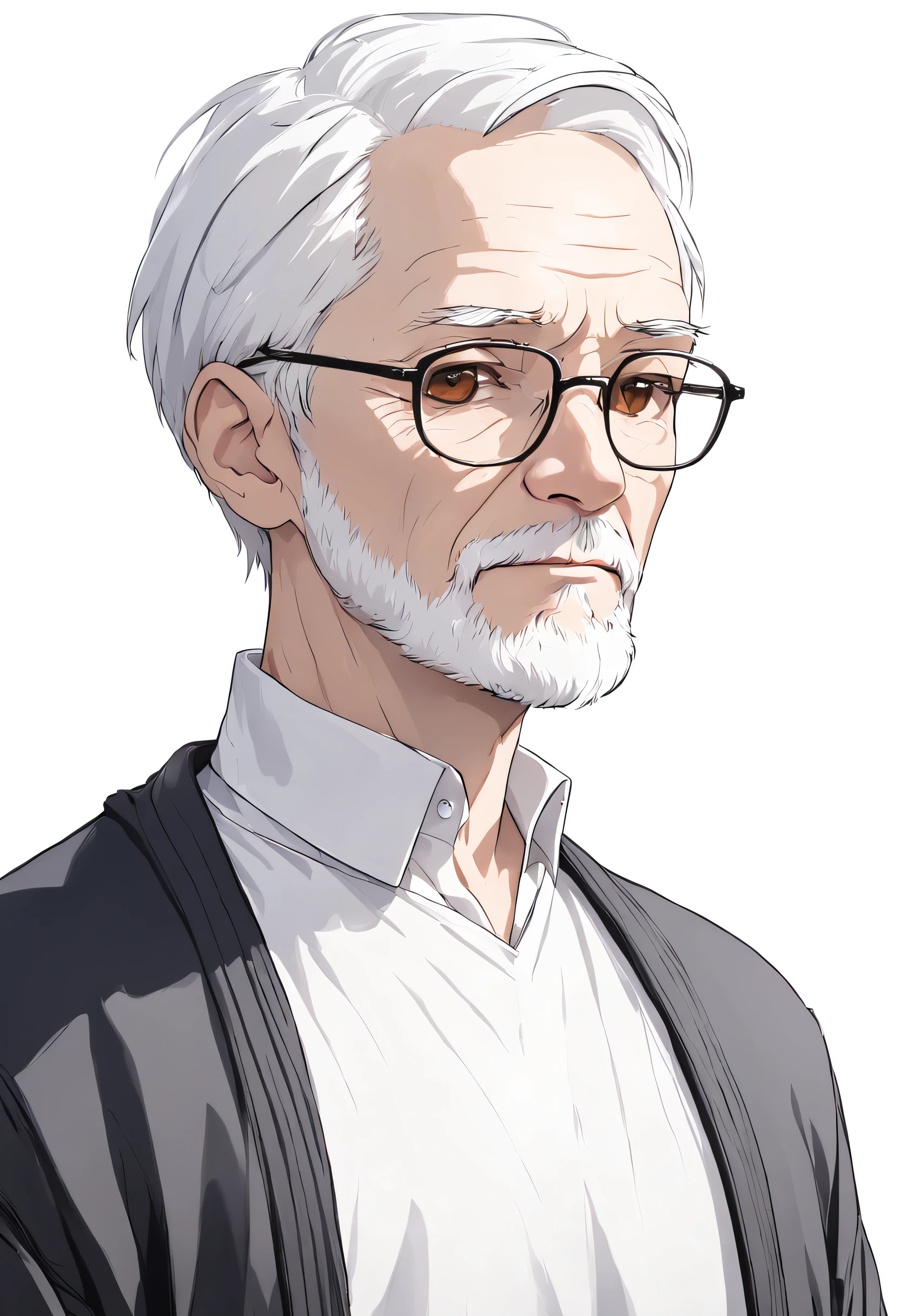1oldman, short white hair, brown eyes, well-defined and slightly arched eyebrows and a grey beard wearing glasses plain white shirt and black sweater, tailored black pants, white background, high res, ultra sharp, 8K, master piece, looking at viewer