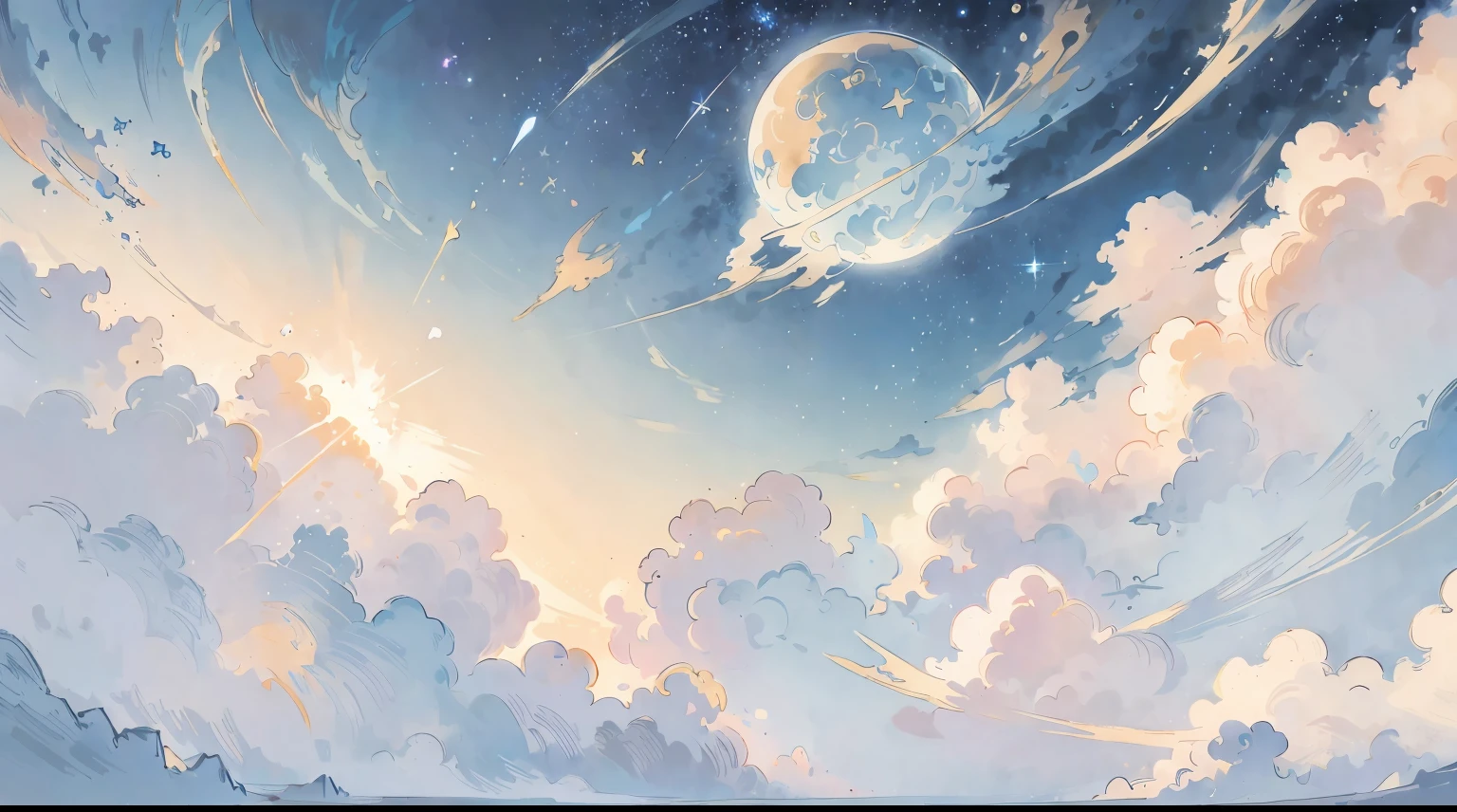 (Best quality),(masterpiece),(ultra detailed),(high detailed),(extremely detailed),Subject: Anime Sky Dreamscapes
Medium: Digital illustration or traditional painting.
Resolution: 4000x2000 pixels.
Color Palette: Soft pastel colors with a mix of vibrant hues.
Mood: Magical, ethereal, and serene.
Composition: Expansive skies with floating islands, whimsical clouds, and other dreamlike elements.
Lighting: Soft, diffused lighting with a warm, golden glow.
Style: Anime-inspired with a touch of fantasy and surrealism.
Details: Include elements such as shooting stars, colorful nebulae, fluffy clouds, and mystical creatures.
Inspiration: Anime fantasy worlds, Studio Ghibli films, surreal art, and celestial imagery.
Camera Setup: None (since it's a digital illustration).
Additional Notes: Emphasize the vastness and beauty of the sky by creating a sense of depth and space. Experiment with various cloud formations and shapes, ranging from fluffy cumulus clouds to wispy cirrus clouds. Incorporate celestial elements like moons, stars, and galaxies to enhance the dreamy atmosphere. Use soft brush strokes and blending techniques to create a seamless and ethereal look. Play with lighting effects, such as gentle rays of sunlight or glowing orbs, to add a magical touch. Consider adding whimsical creatures like flying dragons or floating jellyfish to bring a sense of wonder to the scene. Don't be afraid to let your imagination soar and create a dreamlike world that captures the essence of anime fantasy.