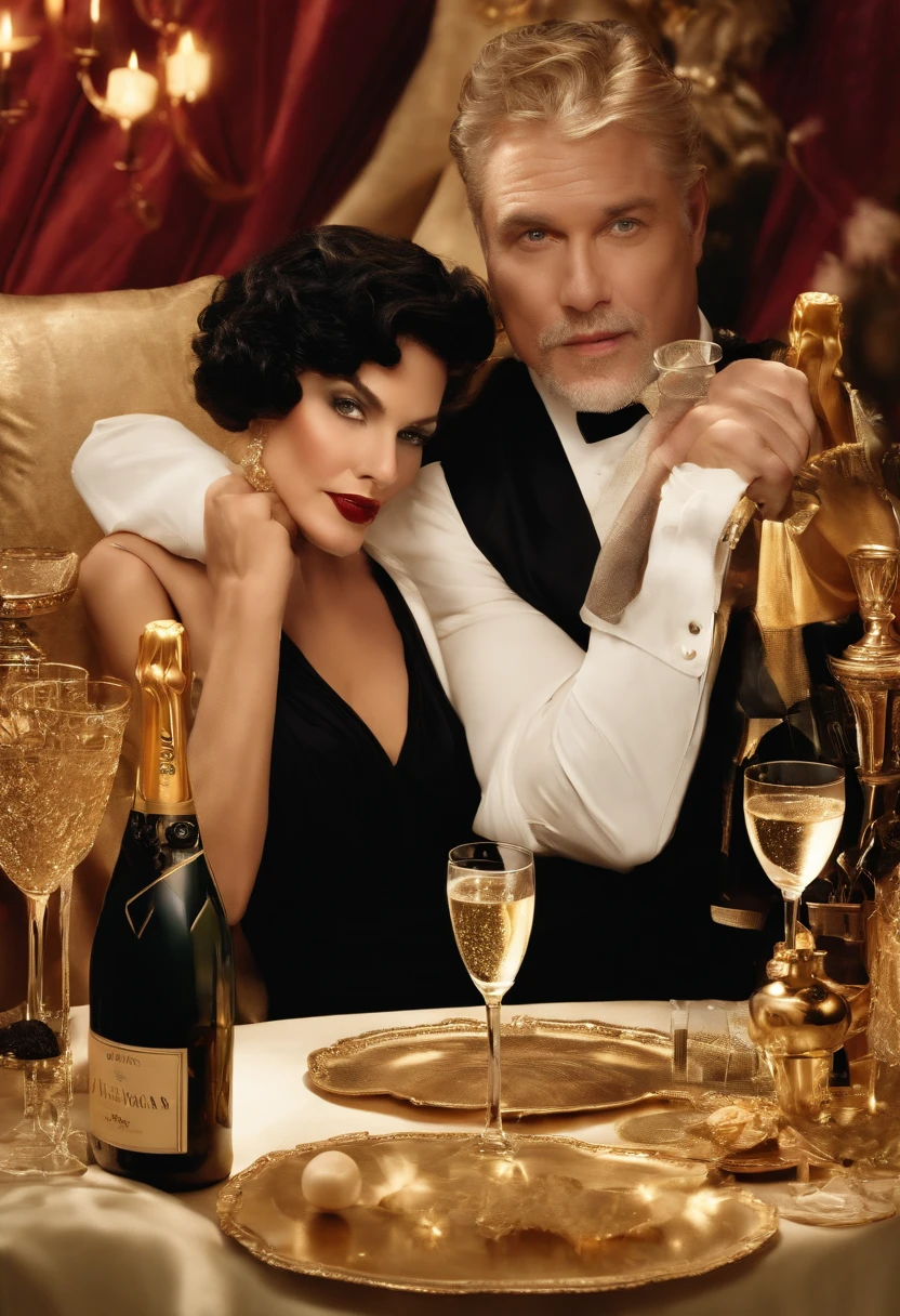 An image of an extravagant Hollywood party with champagne and caviar.,original,Michael is slightly overweight and in his early 40s . He has black hair but a streak of white in the front.
