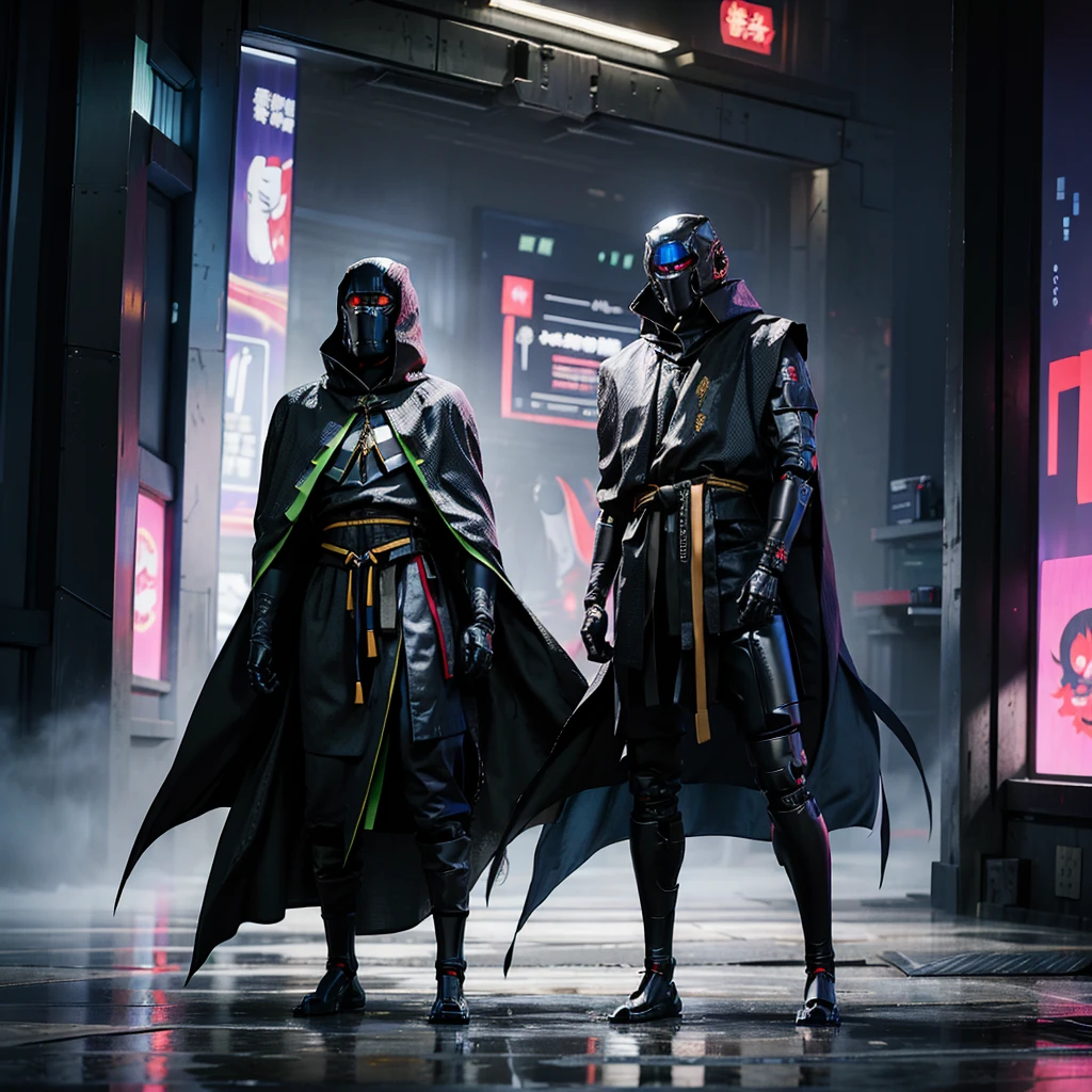 cyberfusion,Shinsengumi Haori assassin robot cyborg wearing robes cape,elite corporate security, cyberpunk shopping district