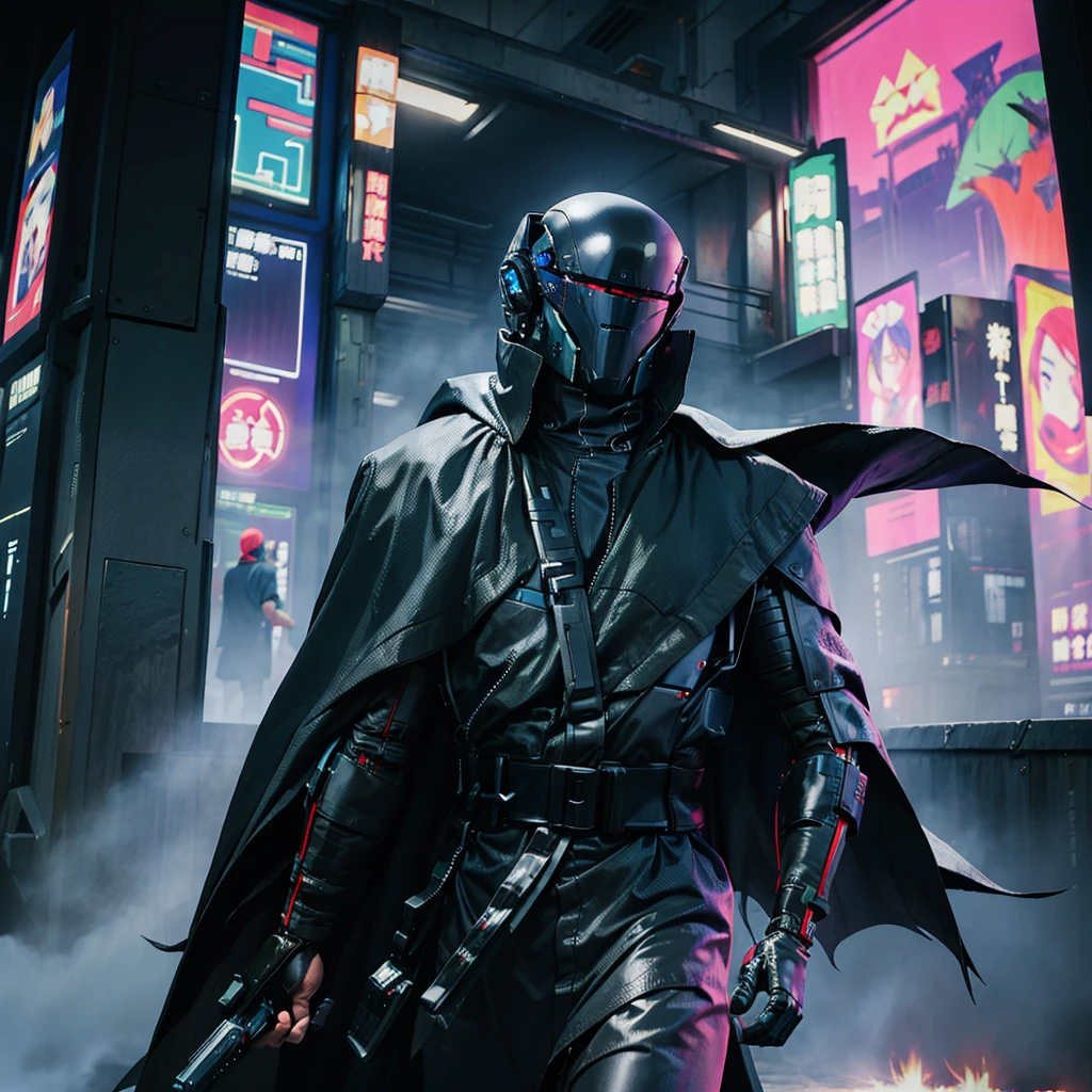cyberfusion,Shinsengumi Haori assassin robot cyborg wearing robes cape,elite corporate security, cyberpunk shopping district