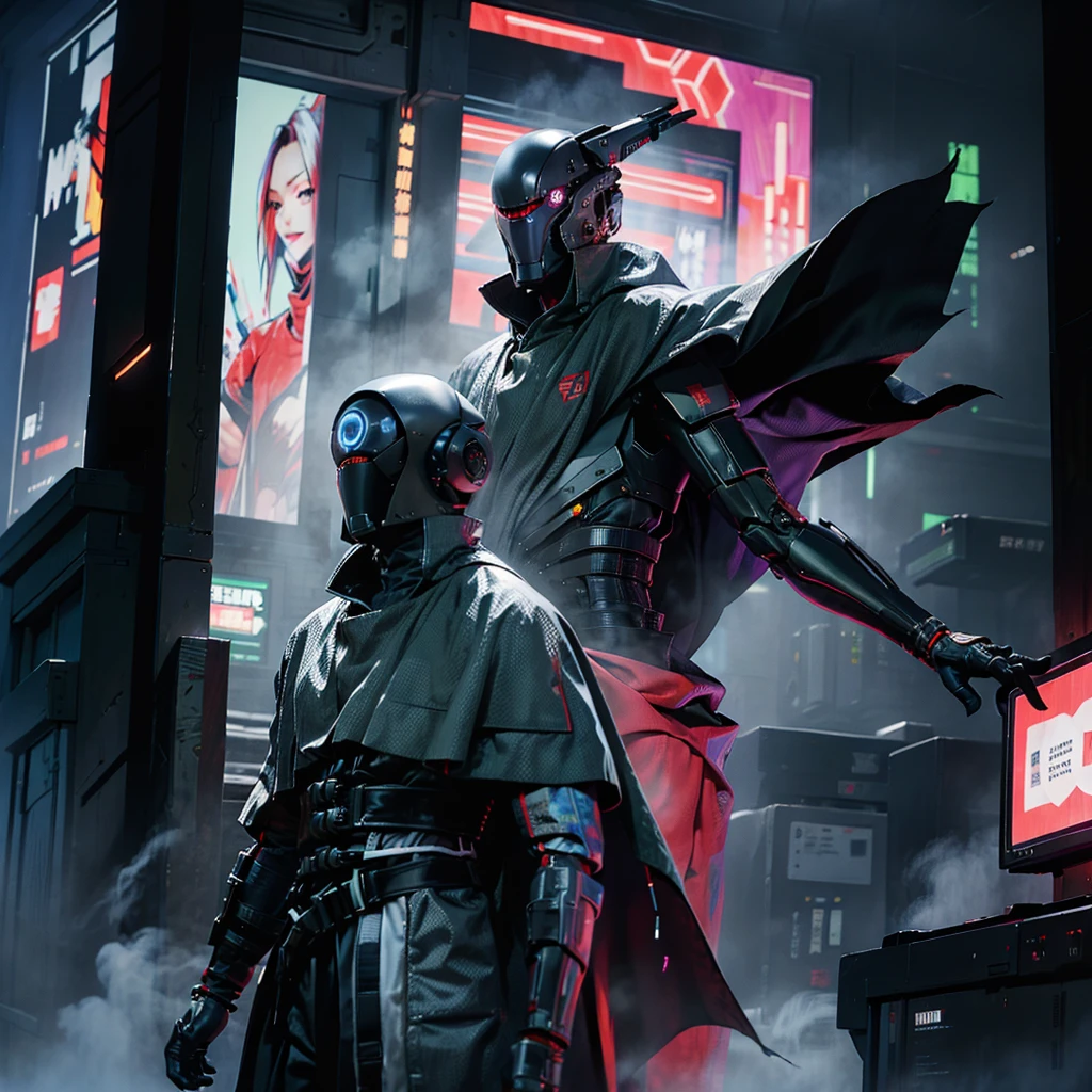 cyberfusion,Shinsengumi Haori assassin robot cyborg wearing robes cape,elite corporate security, cyberpunk shopping district