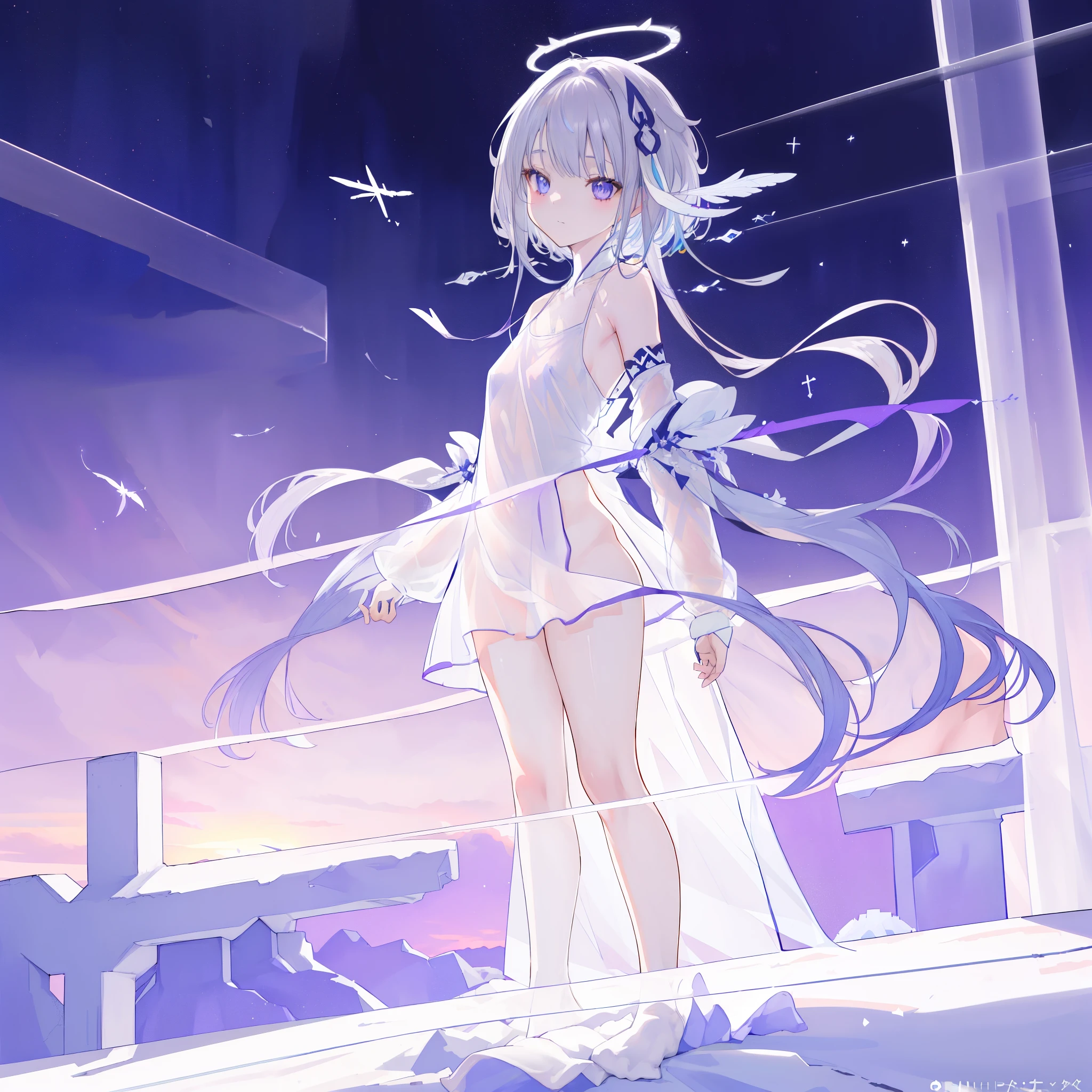 (((A long shot: 1.4))) of an anime girl, (standing on ((snow)), (((half naked))), cinematic light, slim body with curves, skin is perfectly white, soft, and smooth, ((no nsfw)), Extremely delicate and beautiful CG illustration, best quality, high resolution, dynamic angle, full-length lens, (1 girl), floating, soft light, high-key lighting), glowing light, purple halo, feathers fluttering background, blue crystal, (((wearing nothing but a white (pure:1.3) (transparent) tank top))), ((sunset))