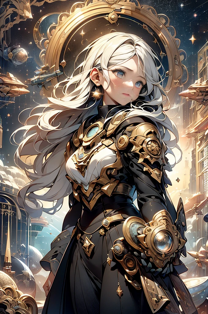 a girl exploring the wonders of the universe,sparkling stars in the background,beautiful detailed eyes,beautiful detailed lips,galaxy patterns on her clothing,amazing universe backdrop,hair flowing in zero gravity,majestic spaceship in the distance,futuristic technology,glowing celestial objects,deep space exploration,spacecraft flying across the galaxy,(best quality,4k,8k,highres,masterpiece:1.2),ultra-detailed,(realistic,photorealistic,photo-realistic:1.37),HDR,UHD,studio lighting,ultra-fine painting,sharp focus,physically-based rendering,extreme detail description,professional,vivid colors,bokeh,portraits,landscape,sci-fi,concept artists,cosmic color palette,dramatic lighting