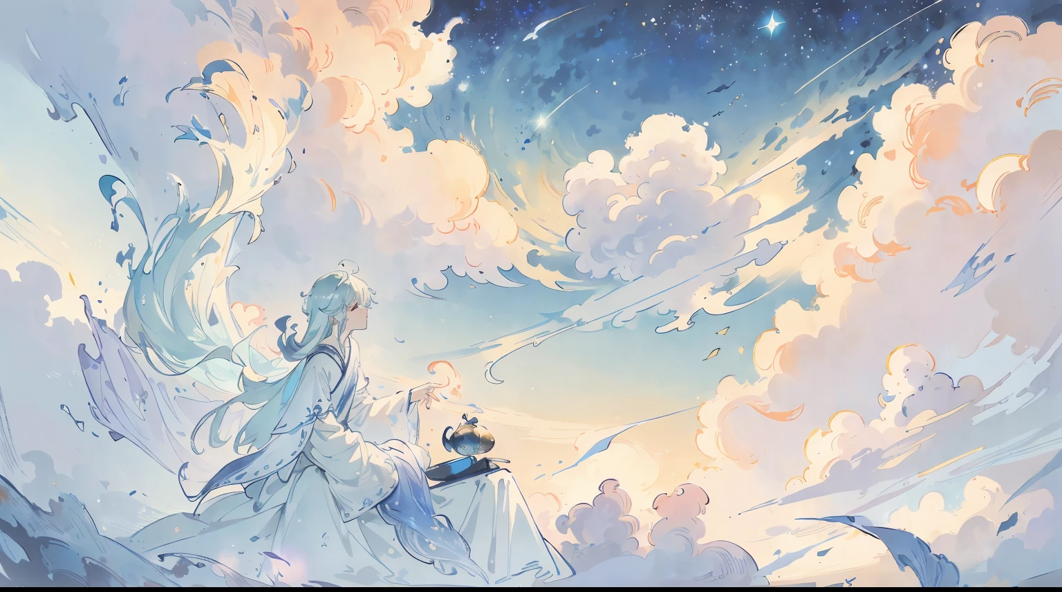 (Best quality),(masterpiece),(ultra detailed),(high detailed),(extremely detailed),Subject: Anime Sky Dreamscapes
Medium: Digital illustration or traditional painting.
Resolution: 4000x2000 pixels.
Color Palette: Soft pastel colors with a mix of vibrant hues.
Mood: Magical, ethereal, and serene.
Composition: Expansive skies with floating islands, whimsical clouds, and other dreamlike elements.
Lighting: Soft, diffused lighting with a warm, golden glow.
Style: Anime-inspired with a touch of fantasy and surrealism.
Details: Include elements such as shooting stars, colorful nebulae, fluffy clouds, and mystical creatures.
Inspiration: Anime fantasy worlds, Studio Ghibli films, surreal art, and celestial imagery.
Camera Setup: None (since it's a digital illustration).
Additional Notes: Emphasize the vastness and beauty of the sky by creating a sense of depth and space. Experiment with various cloud formations and shapes, ranging from fluffy cumulus clouds to wispy cirrus clouds. Incorporate celestial elements like moons, stars, and galaxies to enhance the dreamy atmosphere. Use soft brush strokes and blending techniques to create a seamless and ethereal look. Play with lighting effects, such as gentle rays of sunlight or glowing orbs, to add a magical touch. Consider adding whimsical creatures like flying dragons or floating jellyfish to bring a sense of wonder to the scene. Don't be afraid to let your imagination soar and create a dreamlike world that captures the essence of anime fantasy.