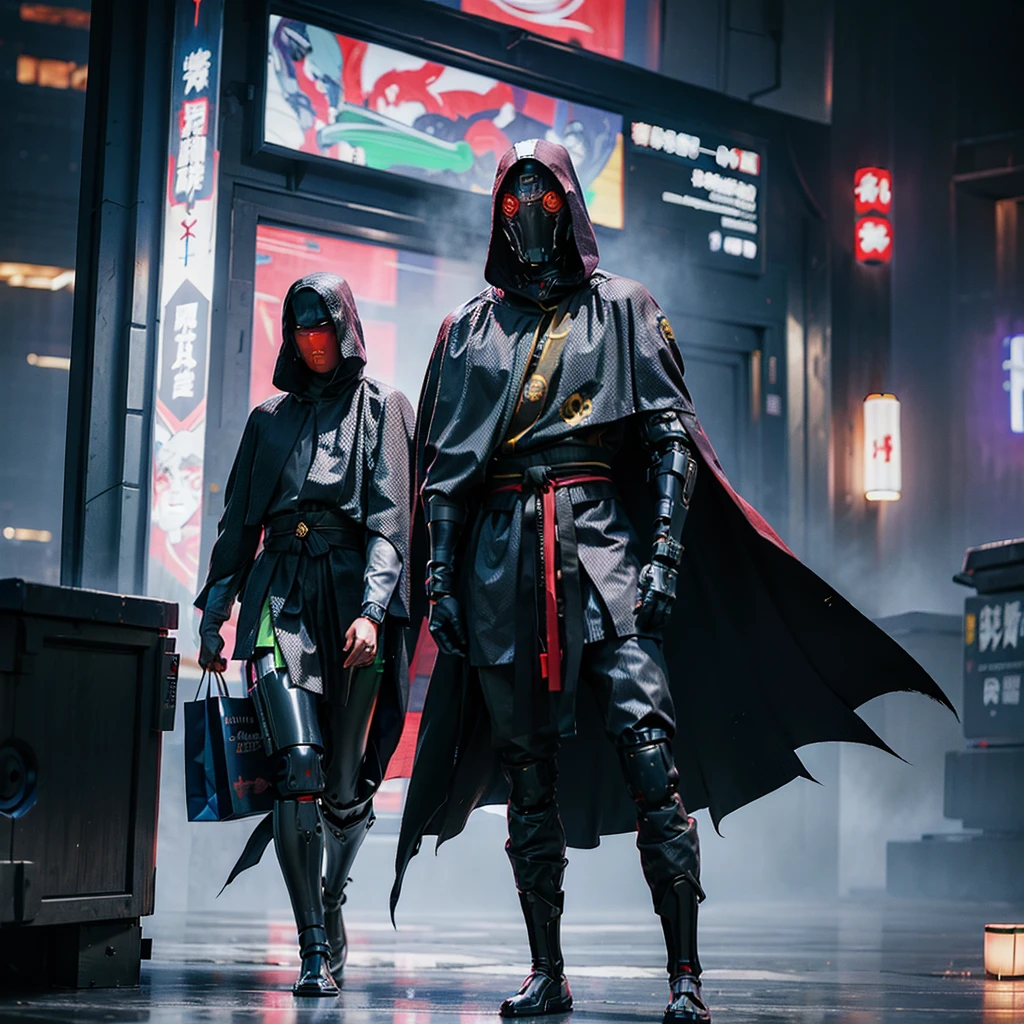 cyberfusion,Shinsengumi Haori assassin robot cyborg wearing robes cape,elite corporate security, cyberpunk shopping district